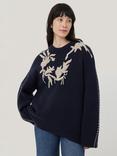 Jigsaw Embroidered Lambswool Rich Jumper, Navy