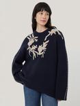 Jigsaw Embroidered Lambswool Rich Jumper, Navy