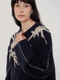 Jigsaw Embroidered Lambswool Rich Jumper, Navy