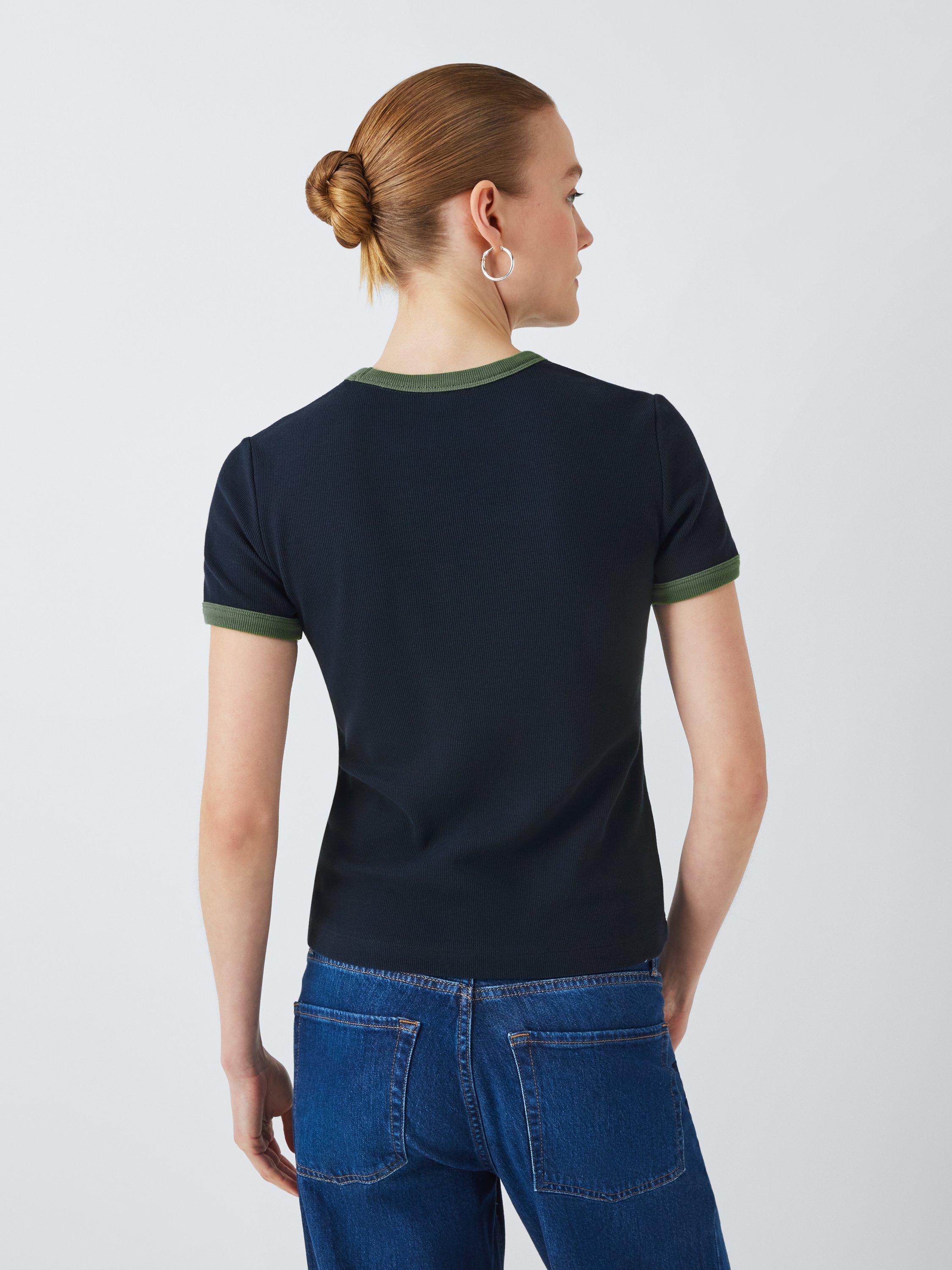Product image 2 of 7, which shows John Lewis Ribbed Contrast Trim Crew Neck T-Shirt, Navy/Green, 6