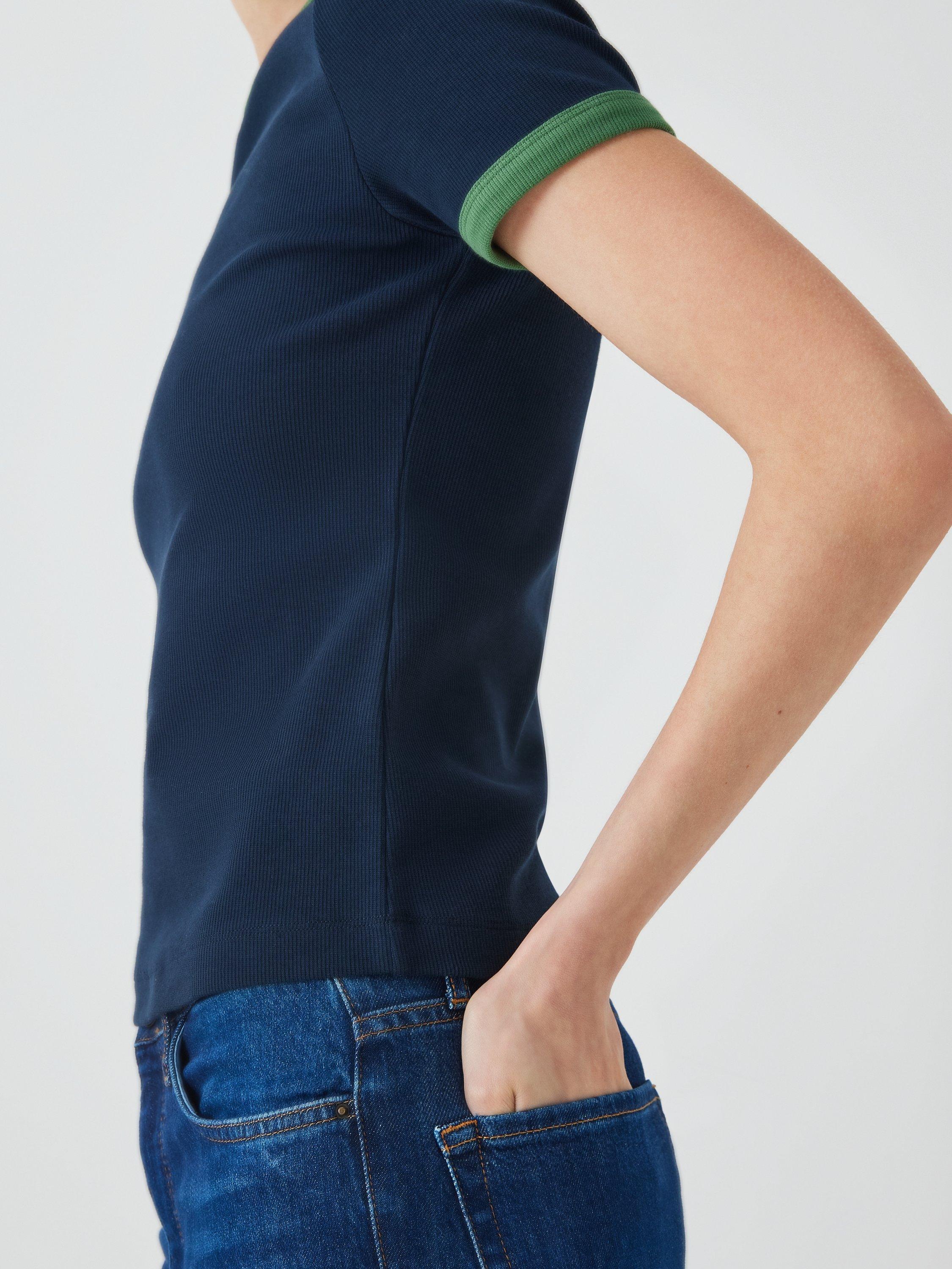 Product image 6 of 7, which shows John Lewis Ribbed Contrast Trim Crew Neck T-Shirt, Navy/Green, 6