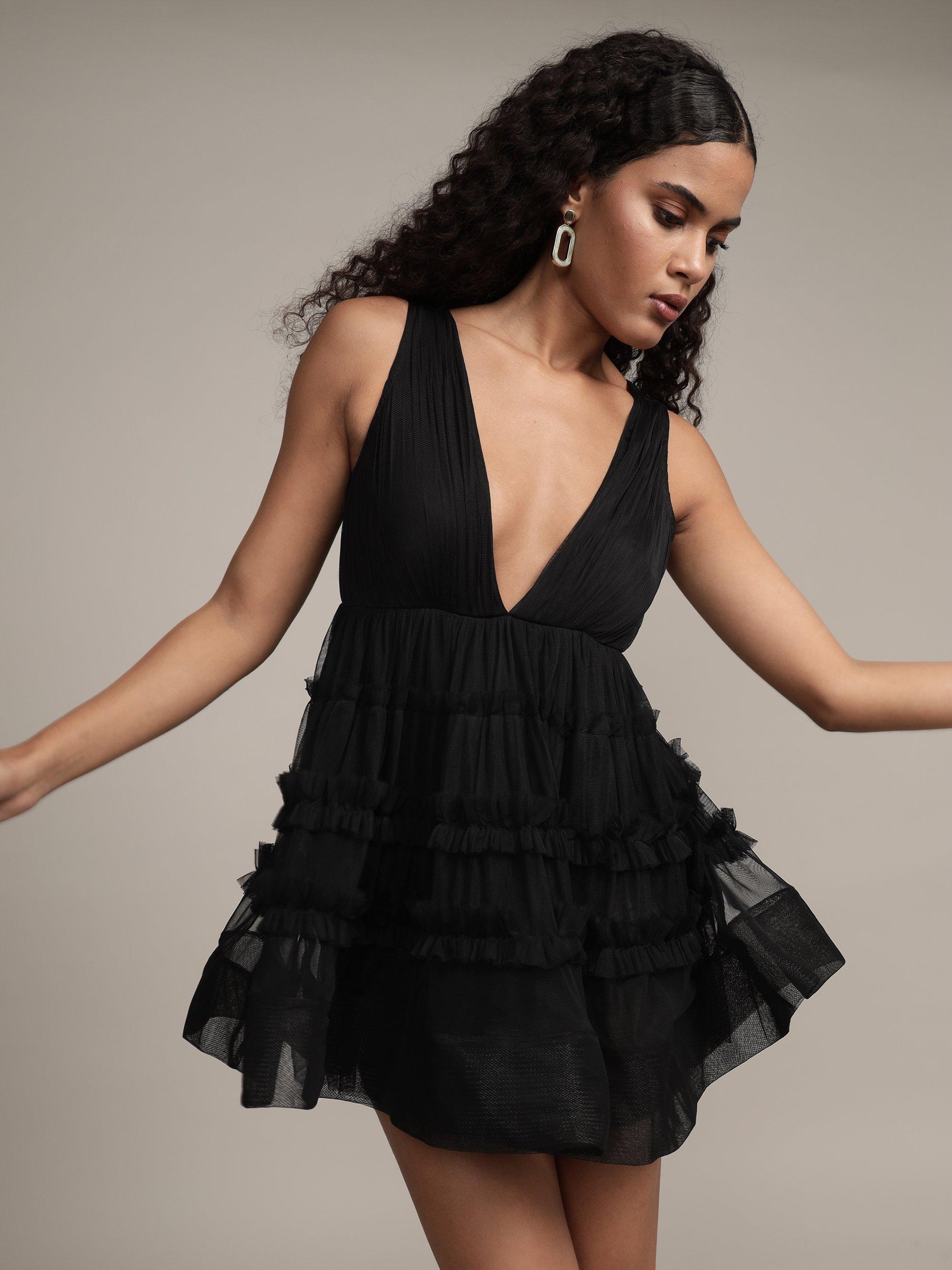 Product image 6 of 7, which shows Lace & Beads Ivy Tulle Mini Dress, Black, 10