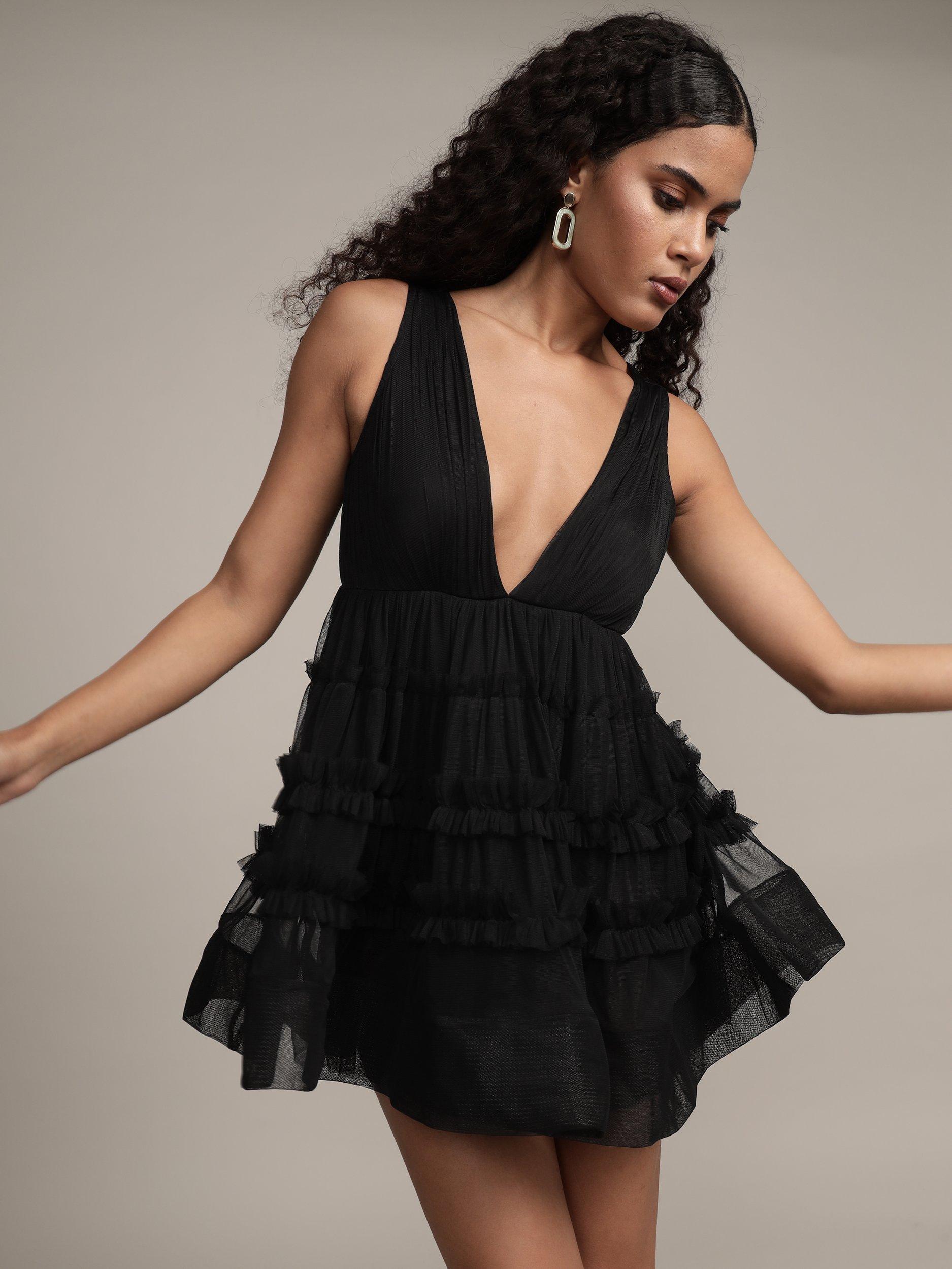 Product image 7 of 7, which shows Lace & Beads Ivy Tulle Mini Dress, Black, 10