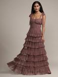 Lace & Beads Glady Sleeveless Layered Tulle Maxi Dress, Brown
