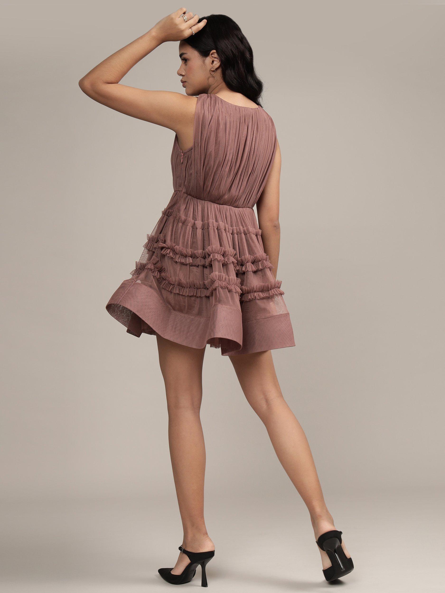 Product image 3 of 6, which shows Lace & Beads Ivy Tulle Mini Dress, Brown, 10