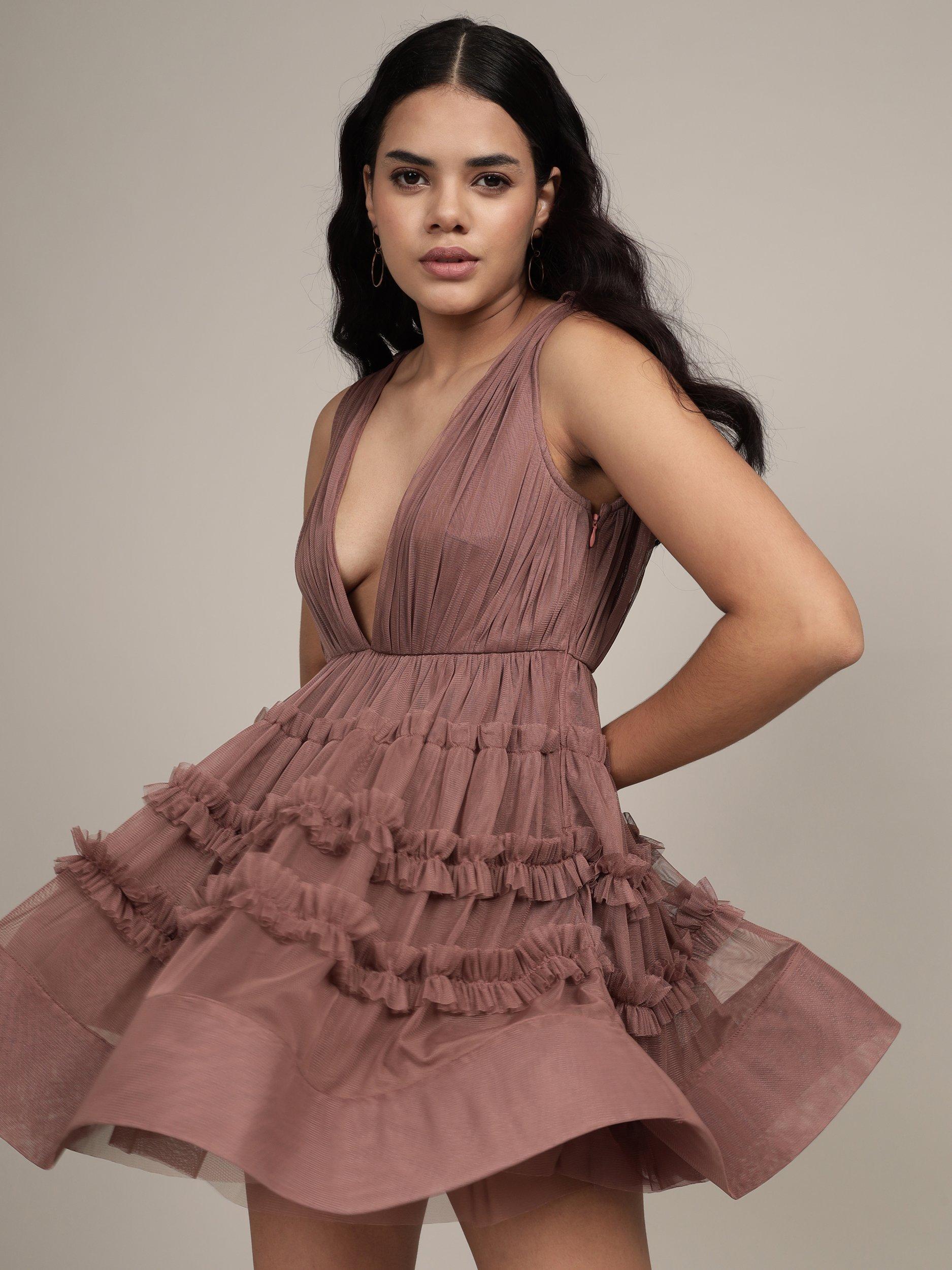 Product image 4 of 6, which shows Lace & Beads Ivy Tulle Mini Dress, Brown, 10