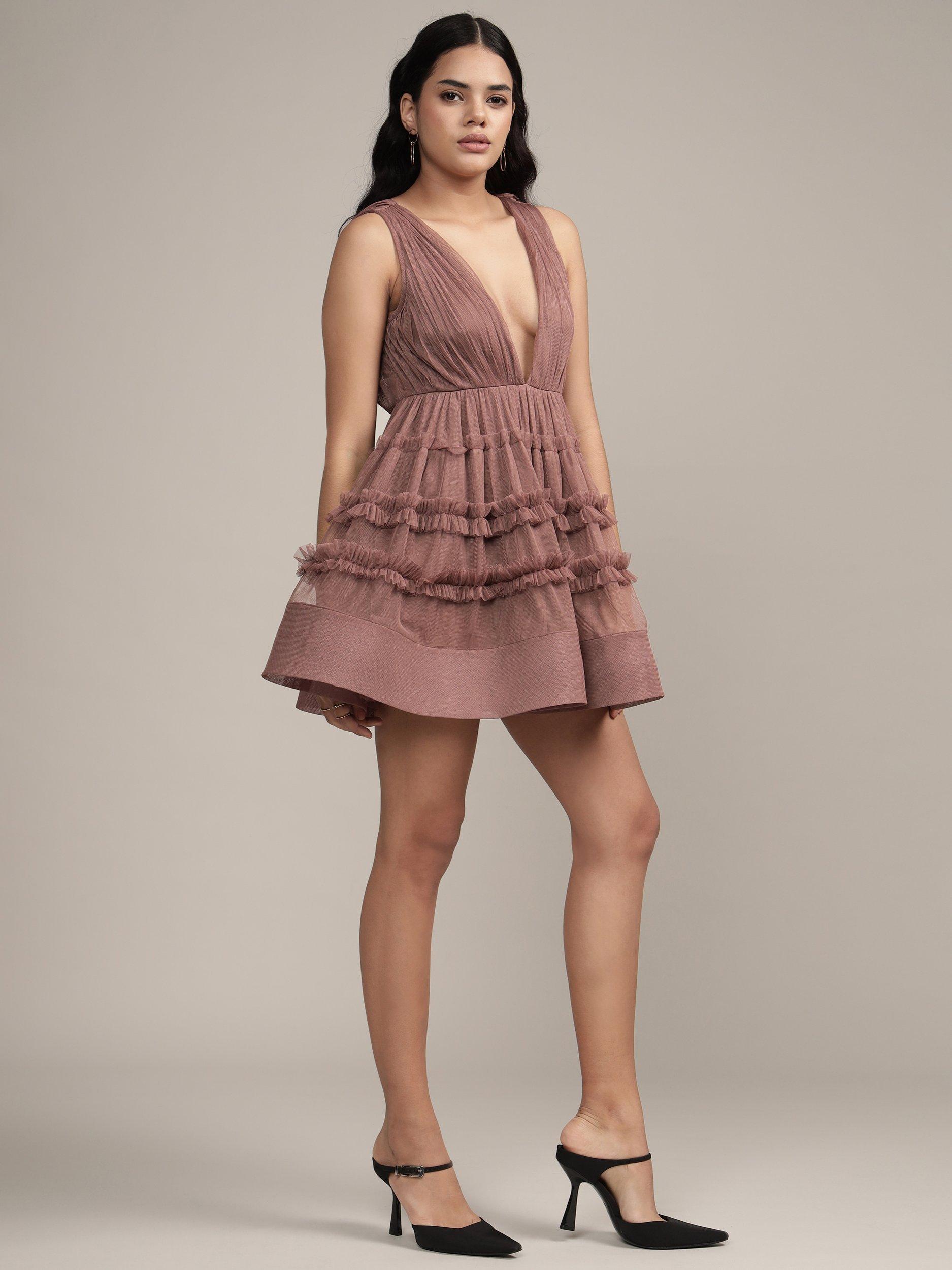 Product image 5 of 6, which shows Lace & Beads Ivy Tulle Mini Dress, Brown, 10