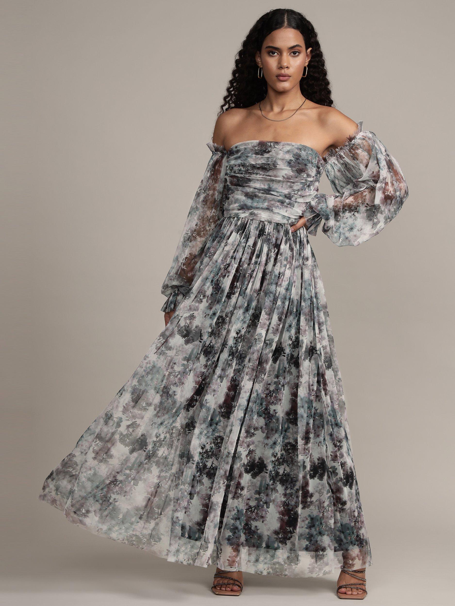 Lace & Beads Lana Off Shoulder Tulle Maxi Dress, Black/White