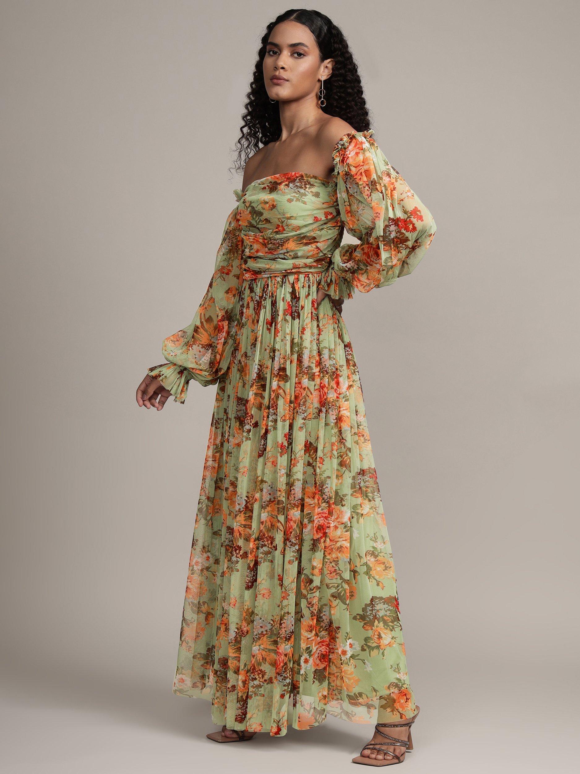 Product image 1 of 9, which shows Lace & Beads Lana Floral Off Shoulder Tulle Maxi Dress, Green/Multi, 8