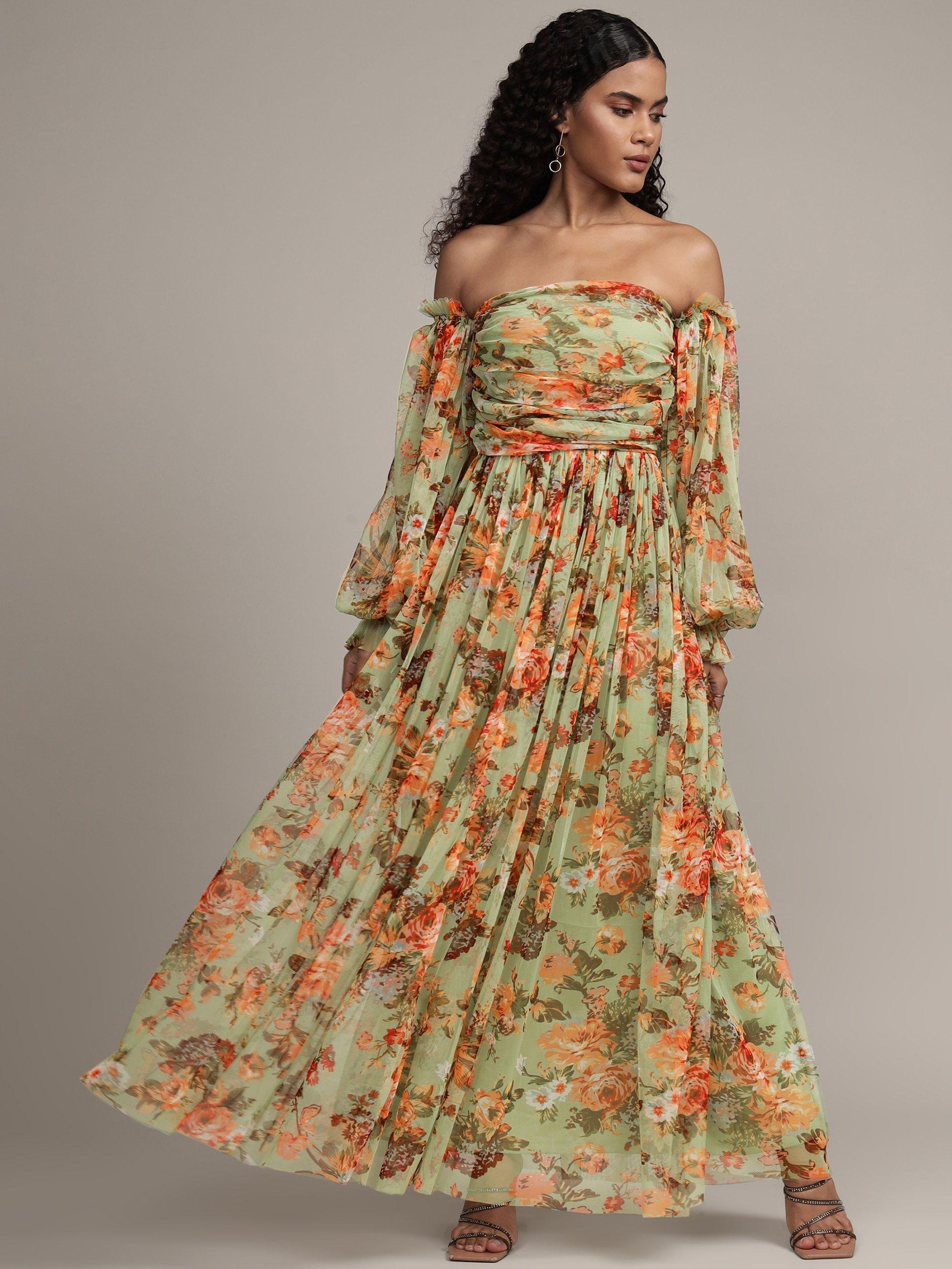 Product image 2 of 9, which shows Lace & Beads Lana Floral Off Shoulder Tulle Maxi Dress, Green/Multi, 8