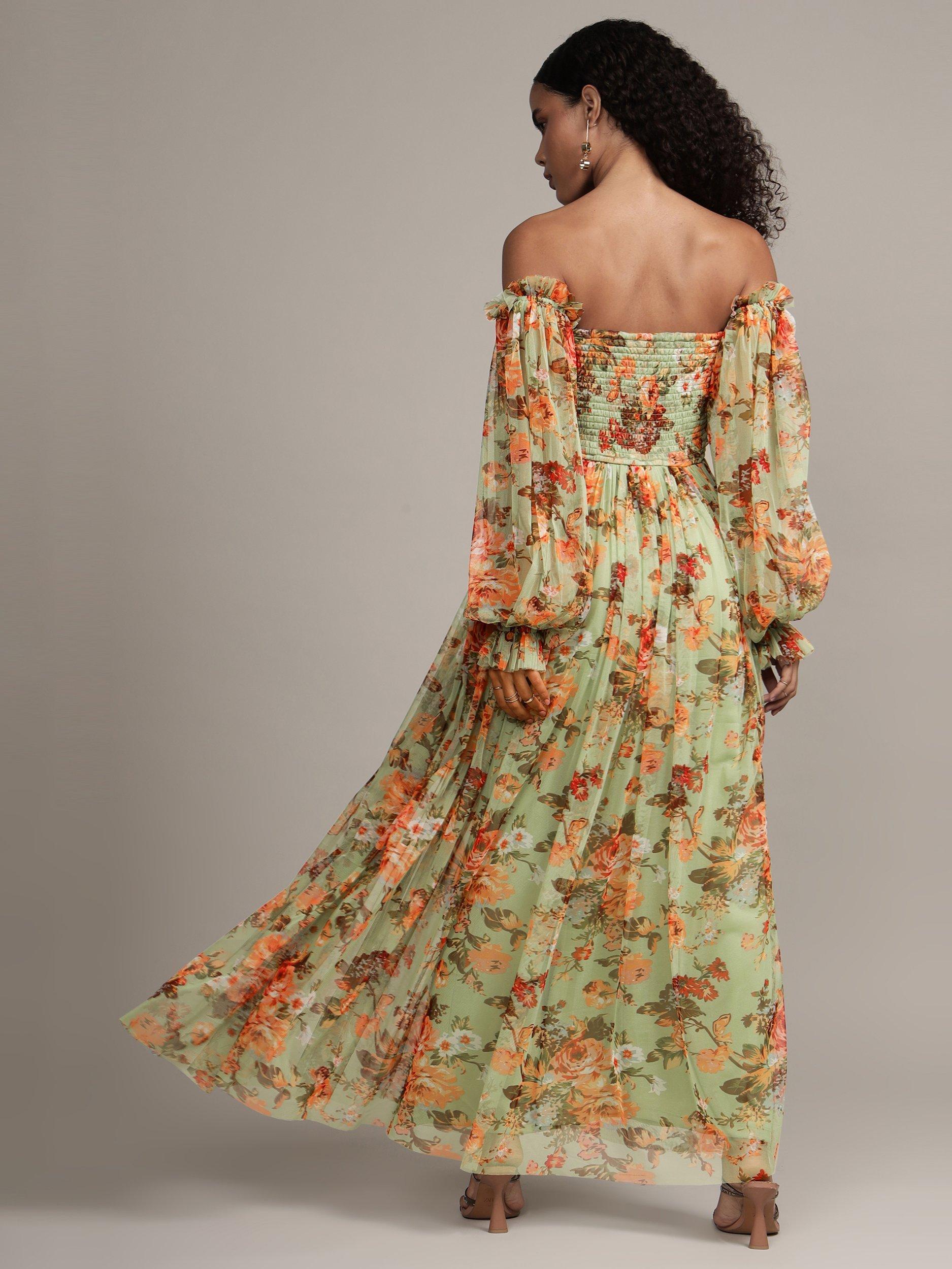 Product image 3 of 9, which shows Lace & Beads Lana Floral Off Shoulder Tulle Maxi Dress, Green/Multi, 8
