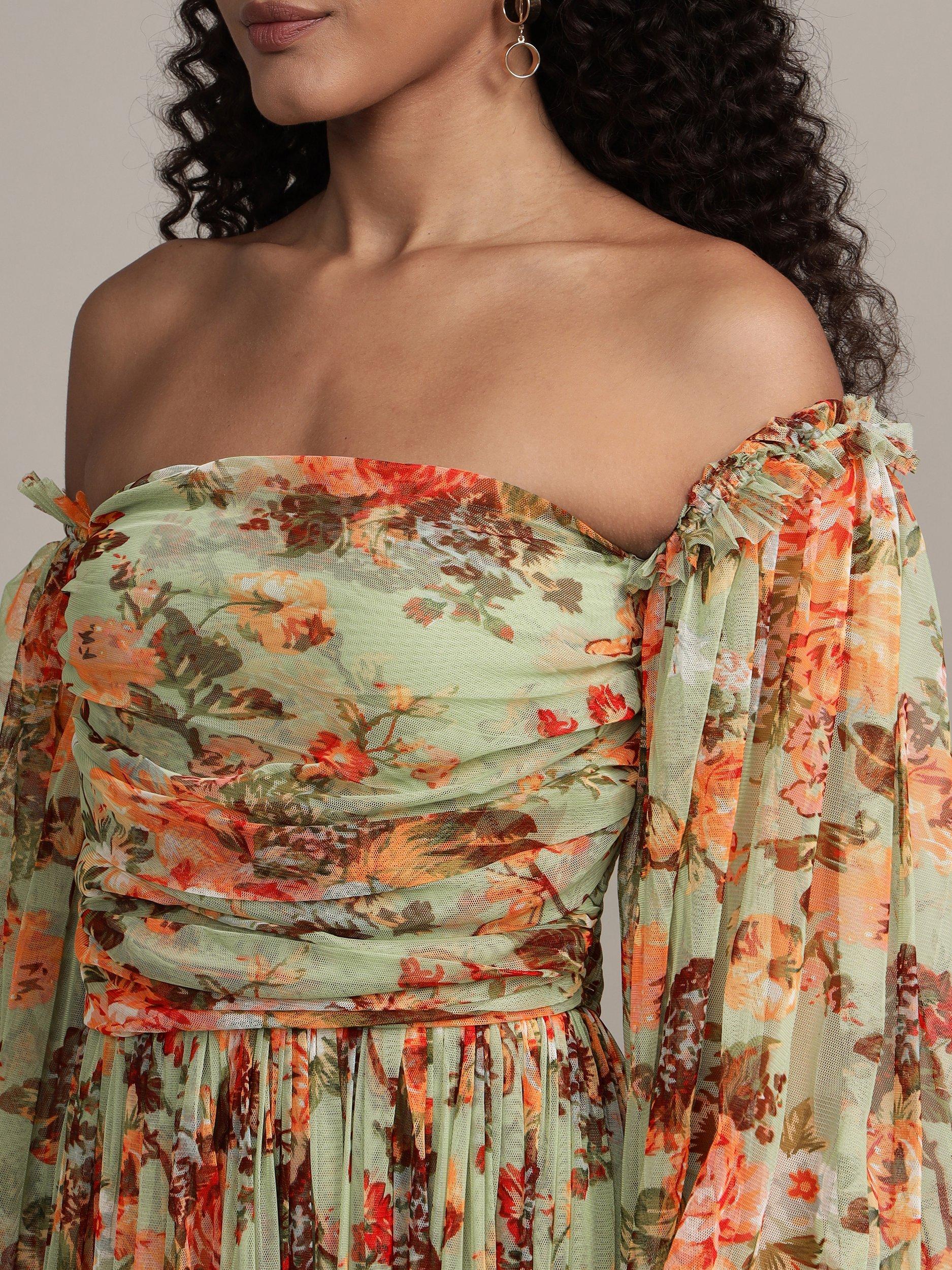 Product image 5 of 9, which shows Lace & Beads Lana Floral Off Shoulder Tulle Maxi Dress, Green/Multi, 8