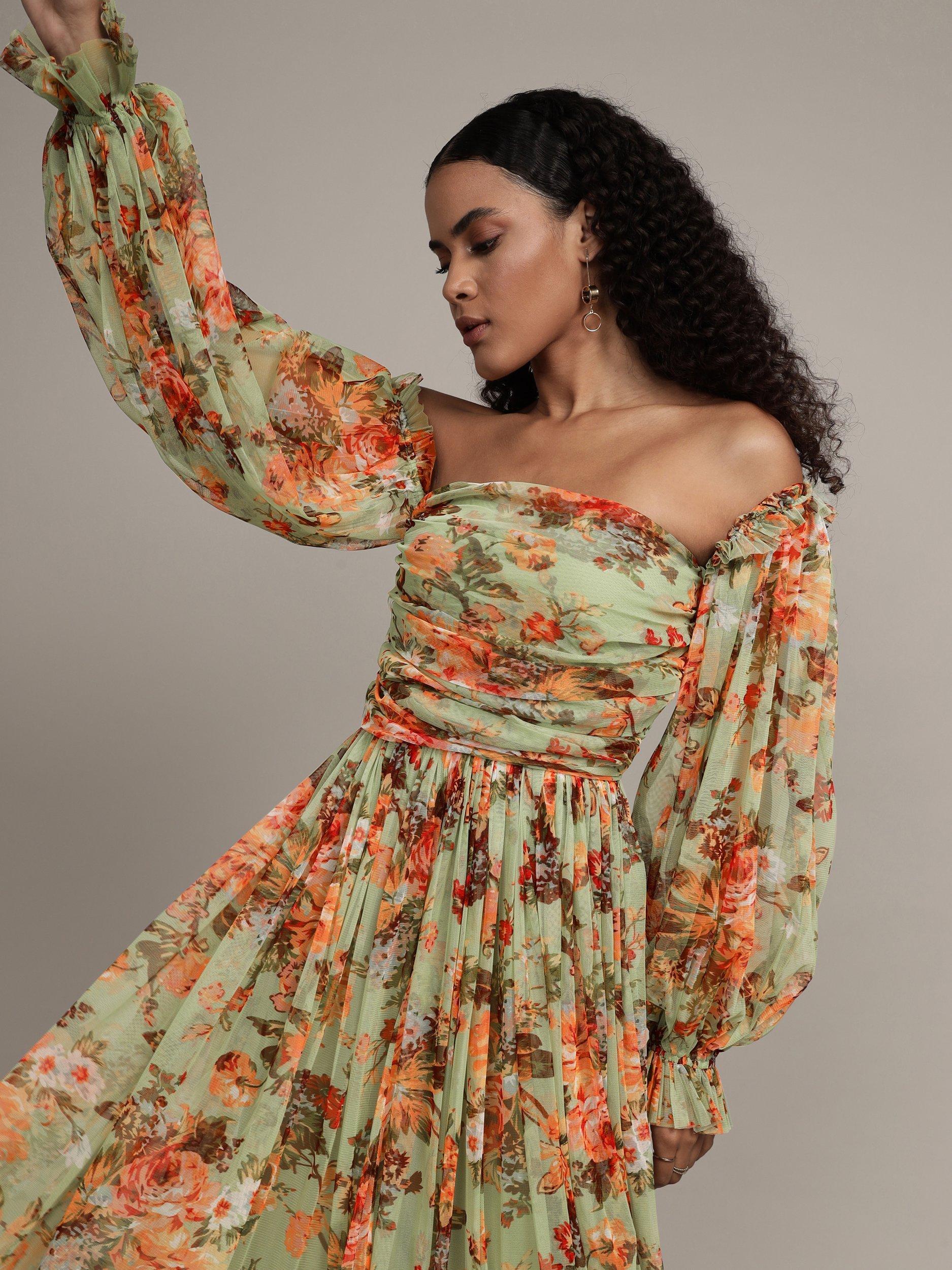 Product image 6 of 9, which shows Lace & Beads Lana Floral Off Shoulder Tulle Maxi Dress, Green/Multi, 8