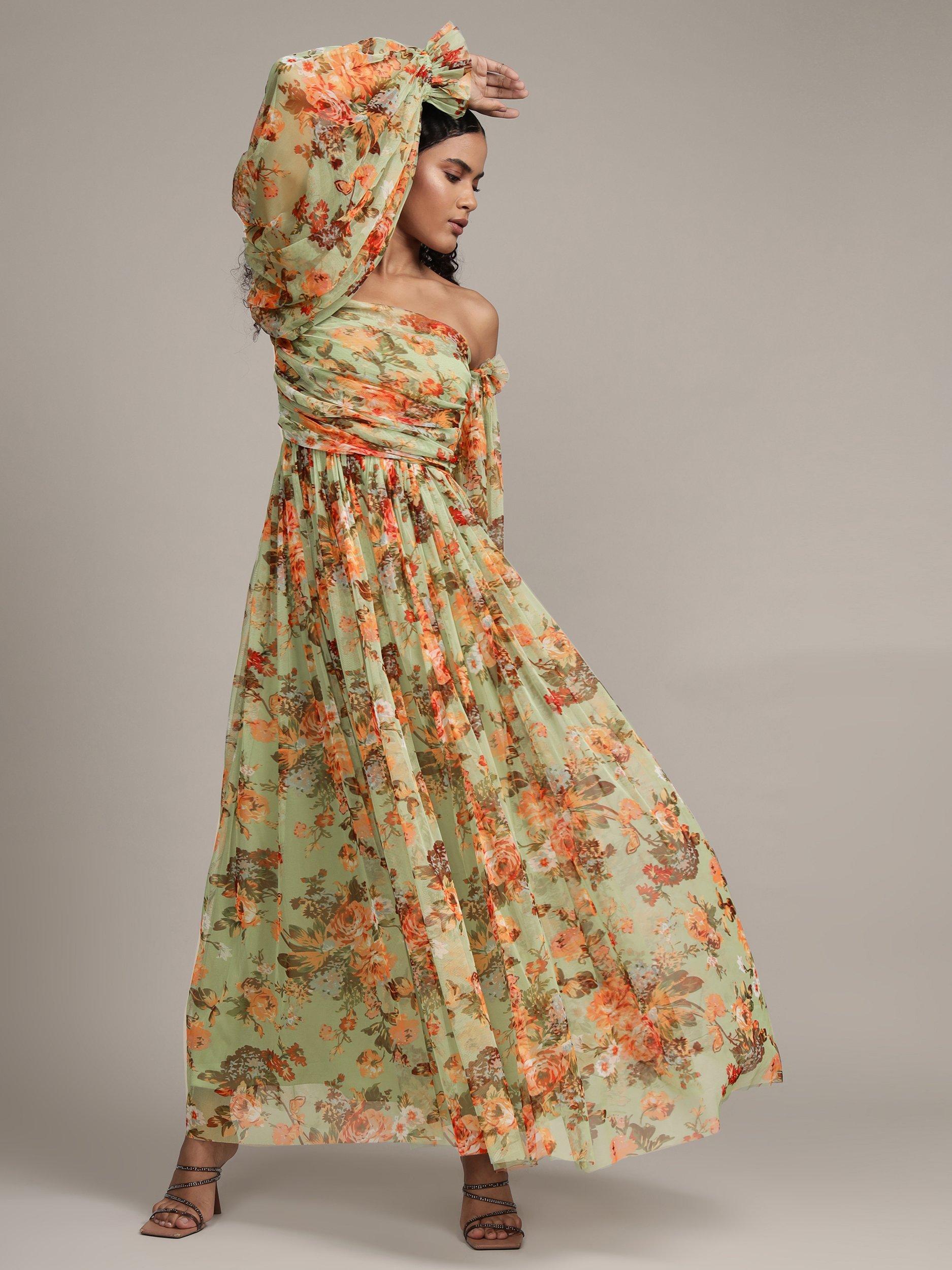 Product image 7 of 9, which shows Lace & Beads Lana Floral Off Shoulder Tulle Maxi Dress, Green/Multi, 8