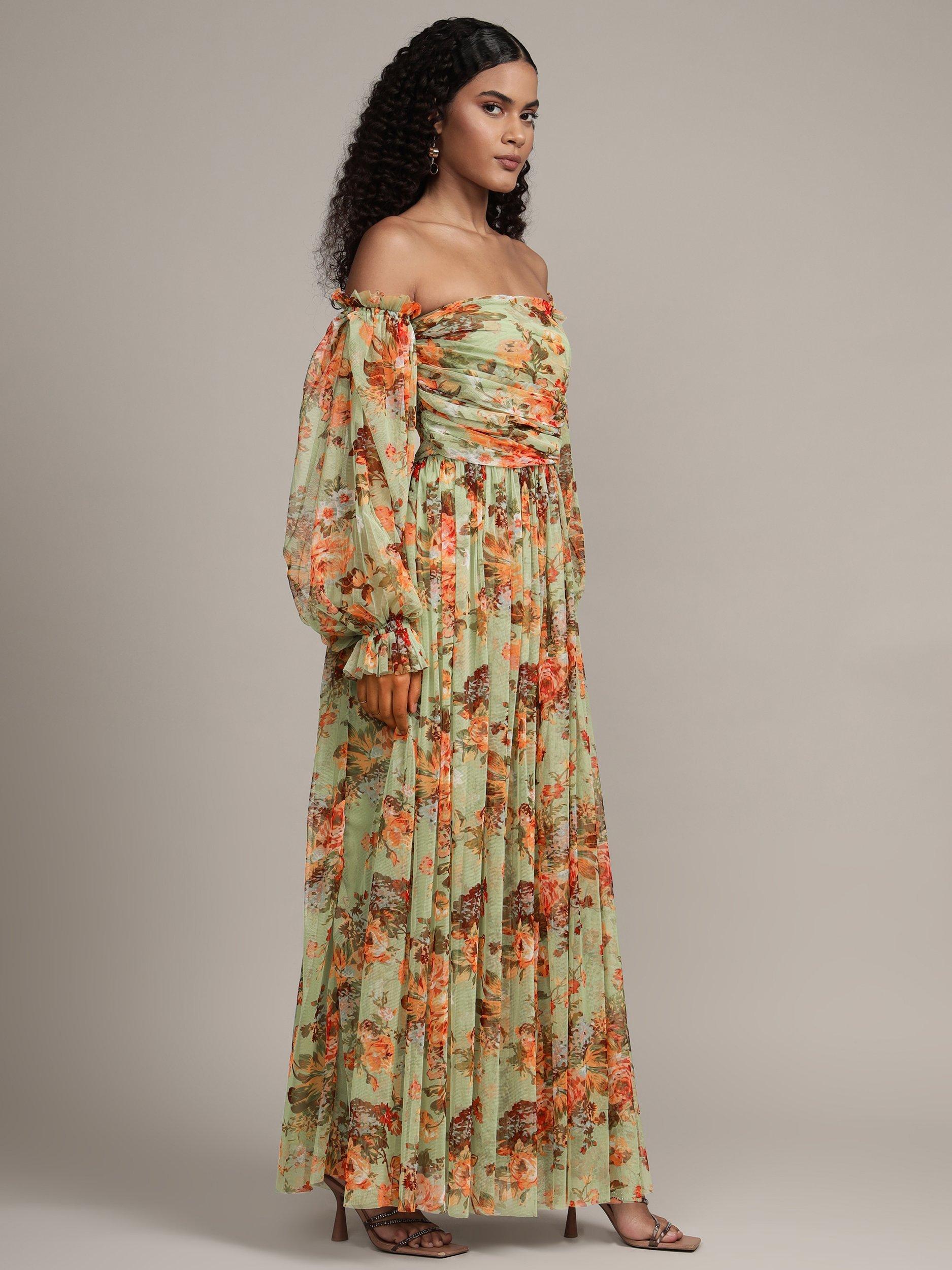 Product image 9 of 9, which shows Lace & Beads Lana Floral Off Shoulder Tulle Maxi Dress, Green/Multi, 8