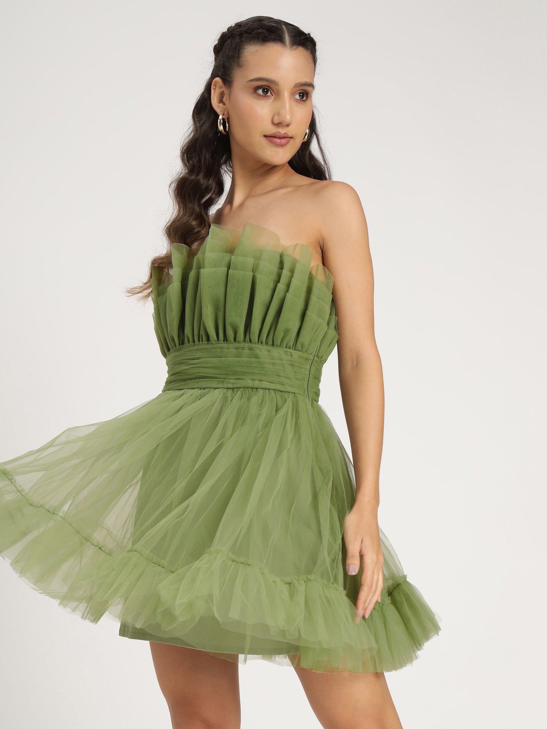 Product image 2 of 6, which shows Lace & Beads Nanita Bandeau Neck Mesh Mini Dress, Olive, 10