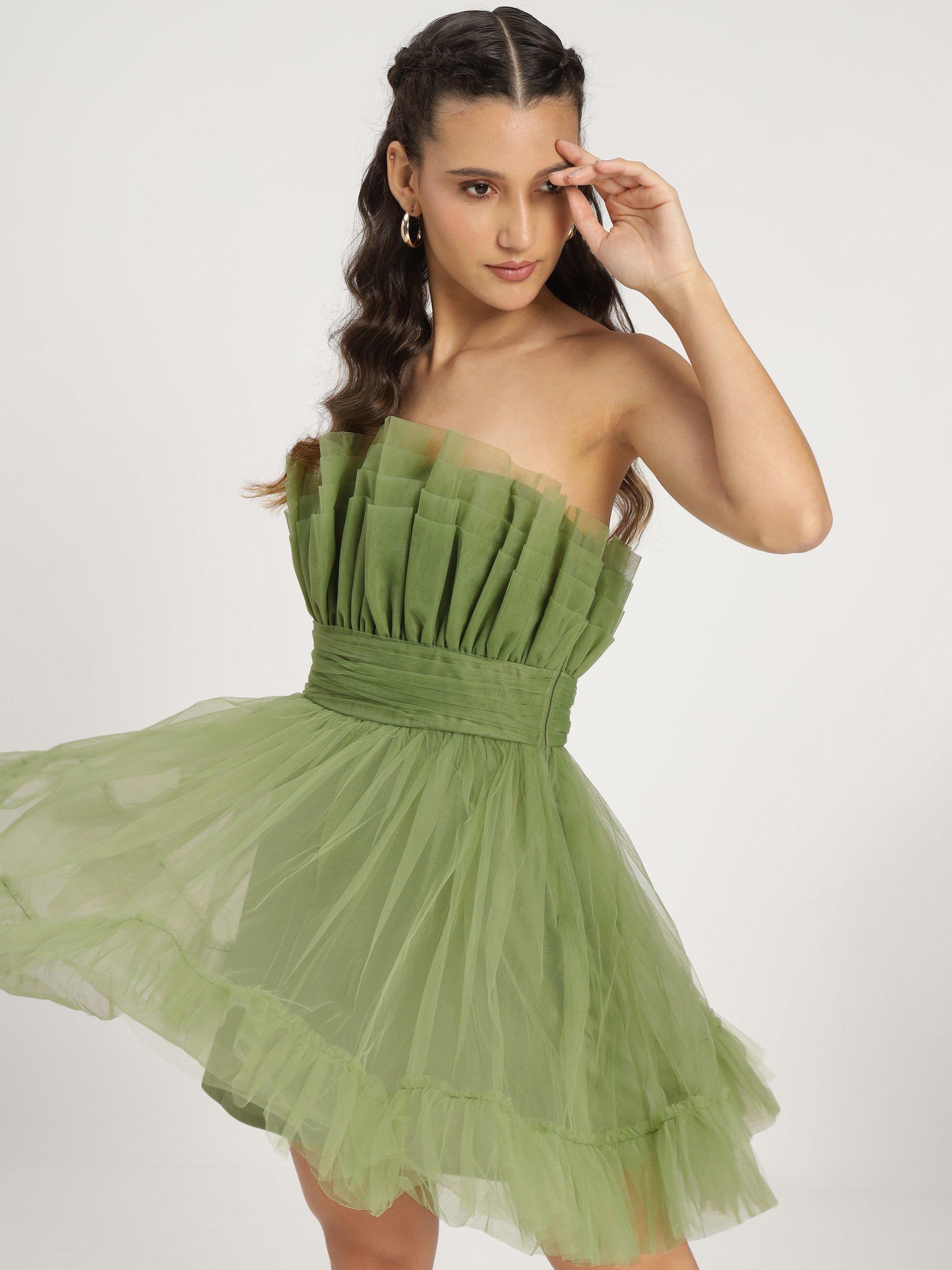 Product image 5 of 6, which shows Lace & Beads Nanita Bandeau Neck Mesh Mini Dress, Olive, 10