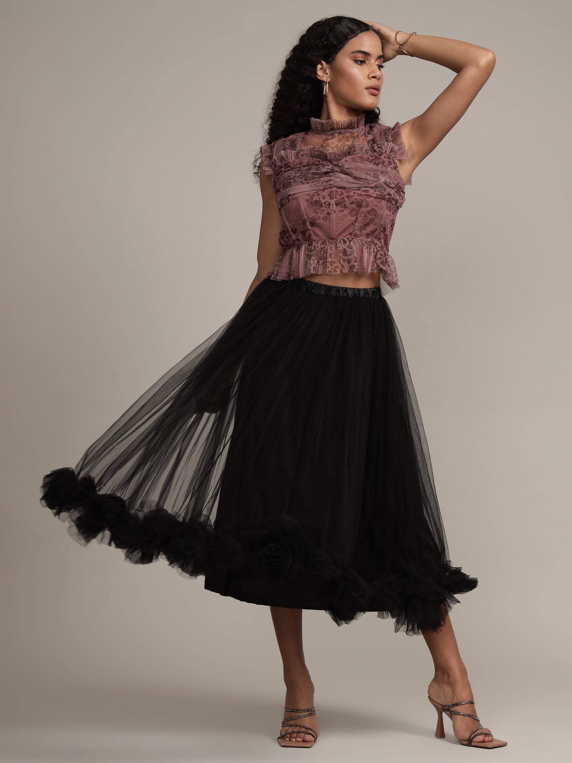 Lace & Beads Bella Tulle Midi Skirt, Black