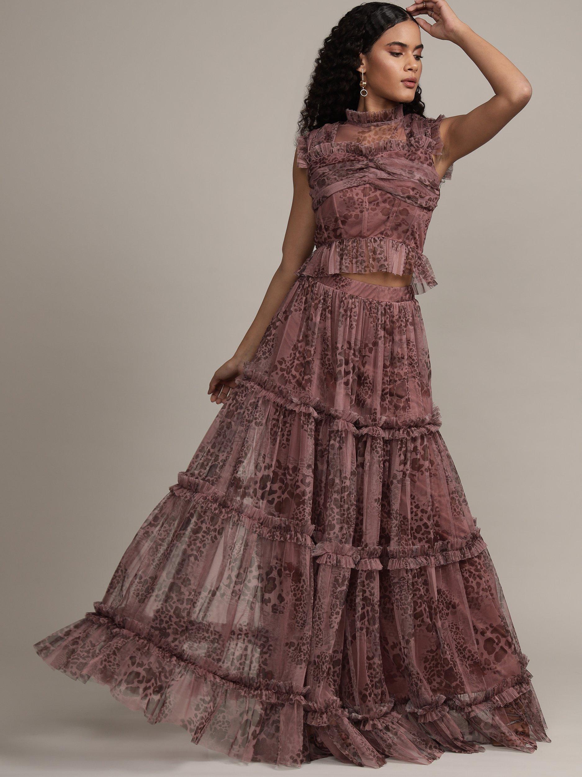 Lace & Beads Callie Tulle Layered Maxi Skirt, Brown/Multi