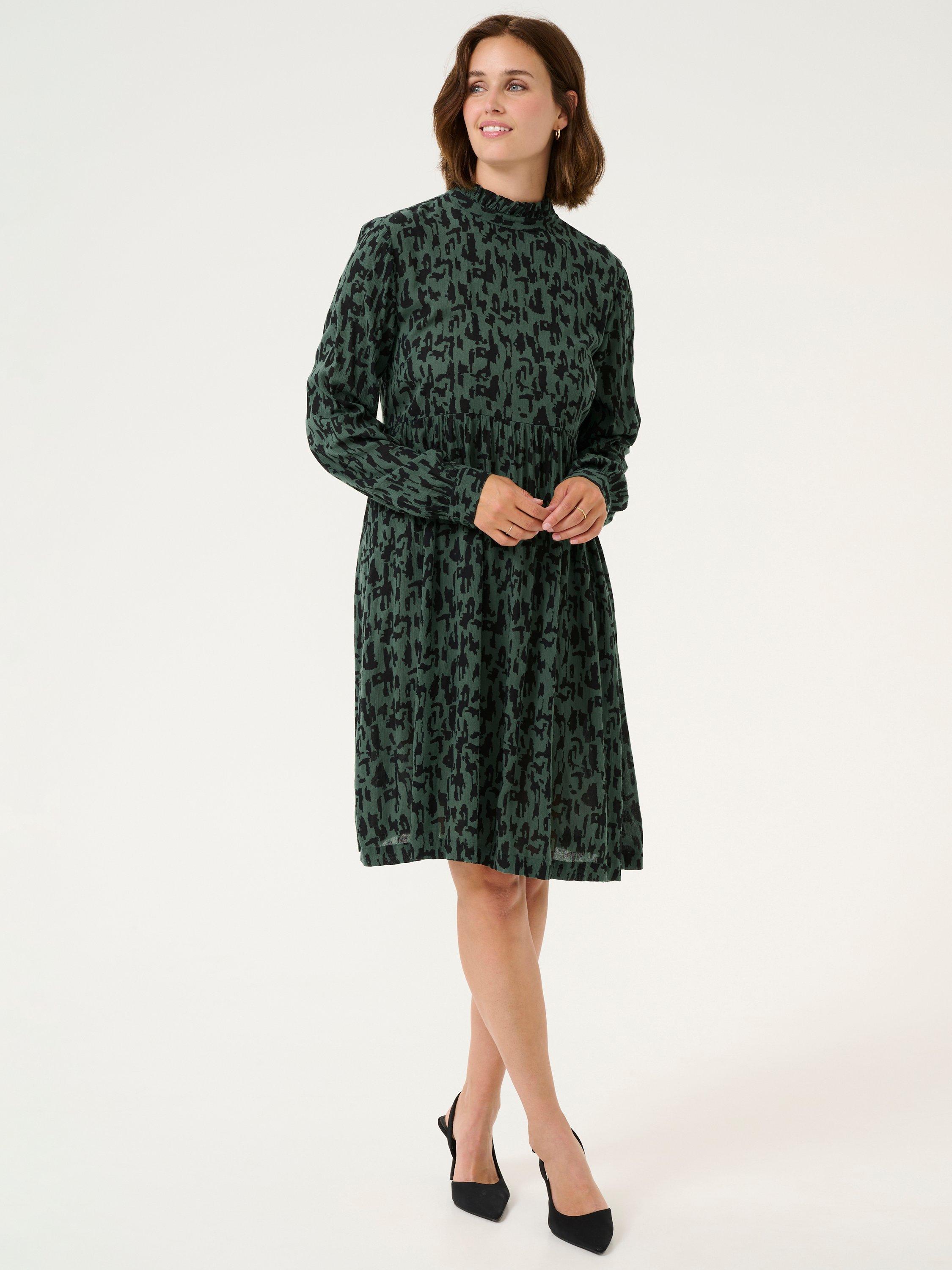 KAFFE Luna Smock Knee Length Dress, Green/Black