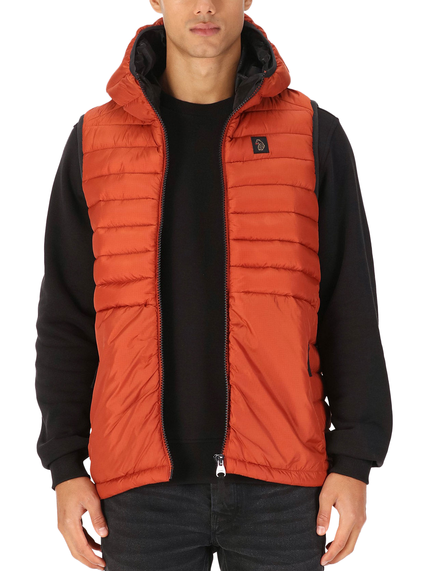 Product image 1 of 6, which shows LUKE 1977 Bubbla Hood 2000 Padded Gilet, Copper Orange, XS