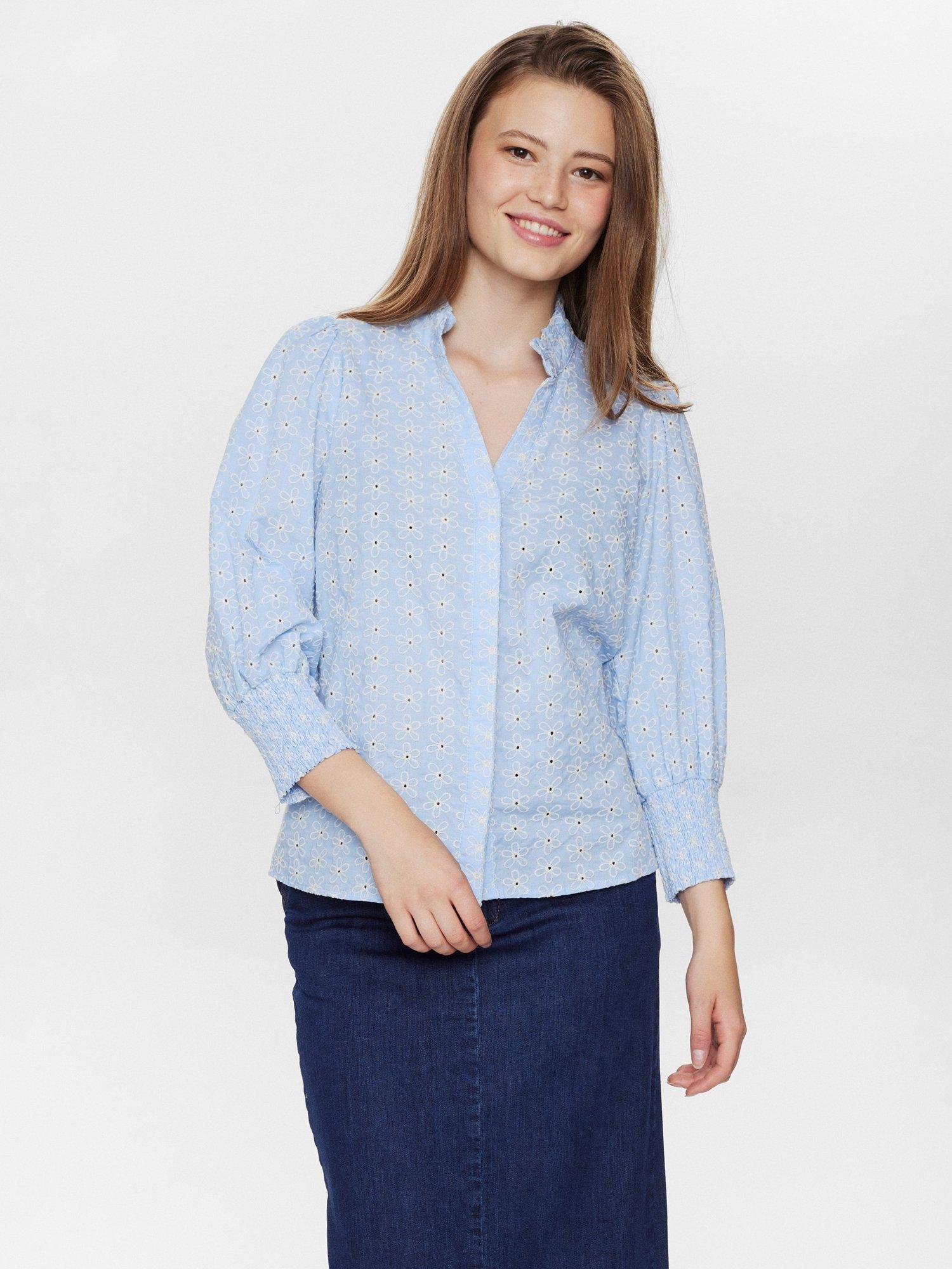 Numph Nusiva Embroidered Floral Blouse, Light Blue