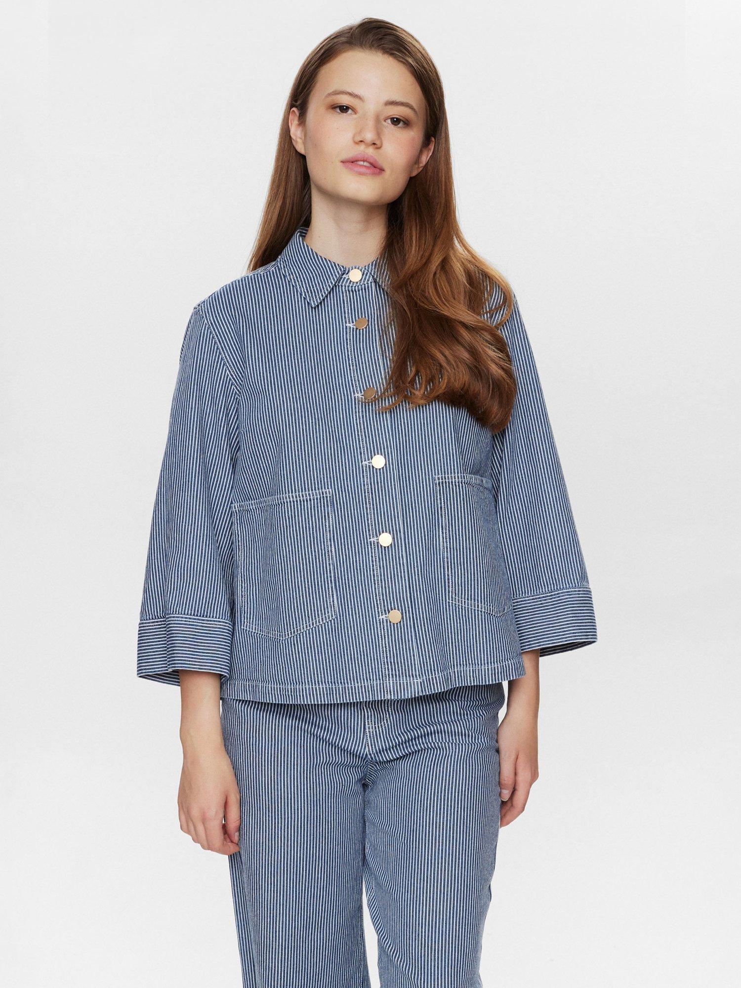 Numph Nuerina Striped Cotton Blend Jacket, Dark Blue