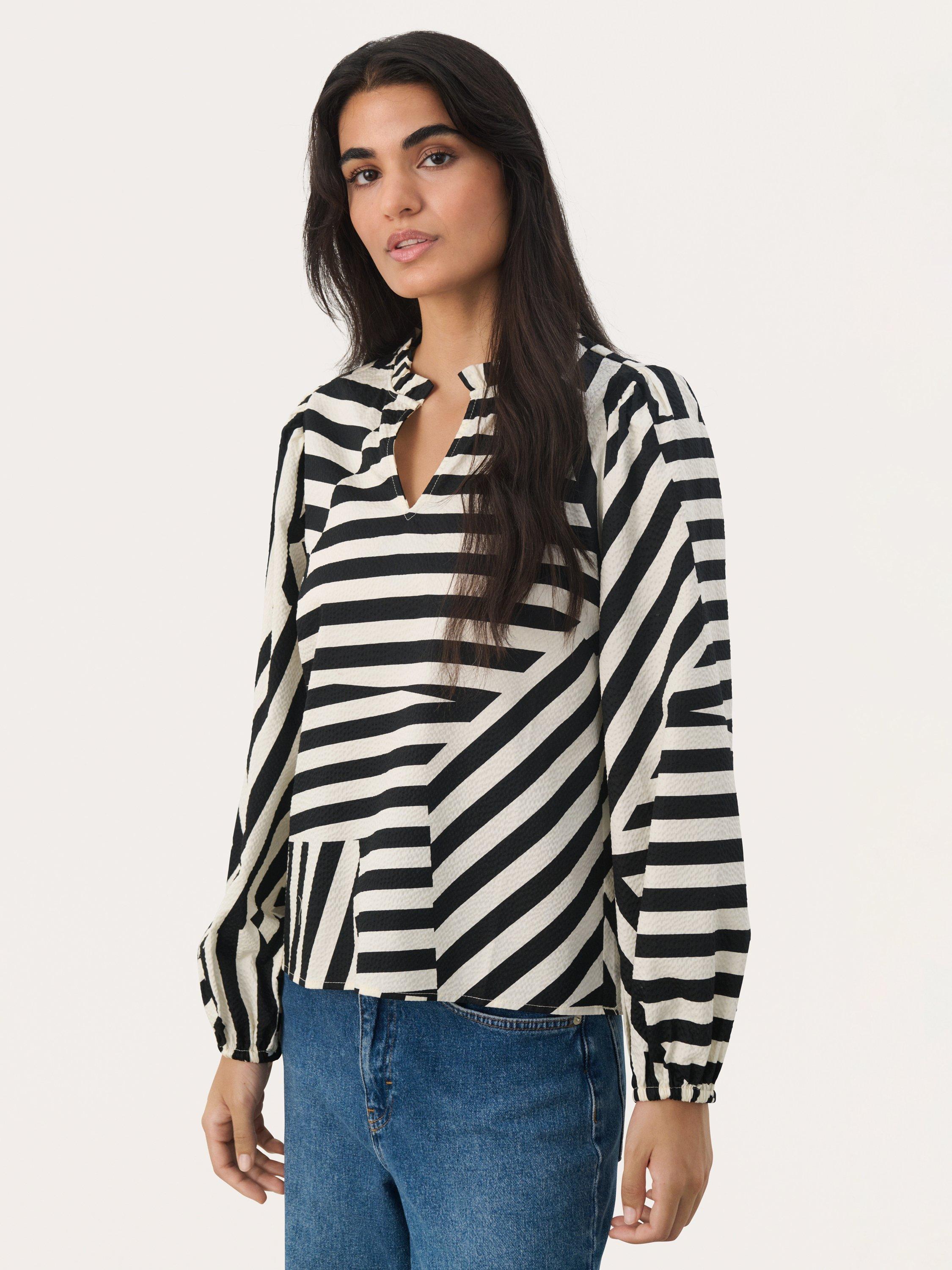 Product image 1 of 6, which shows Part Two Eimy Geometric Stripe Blouse, Black/White, 8