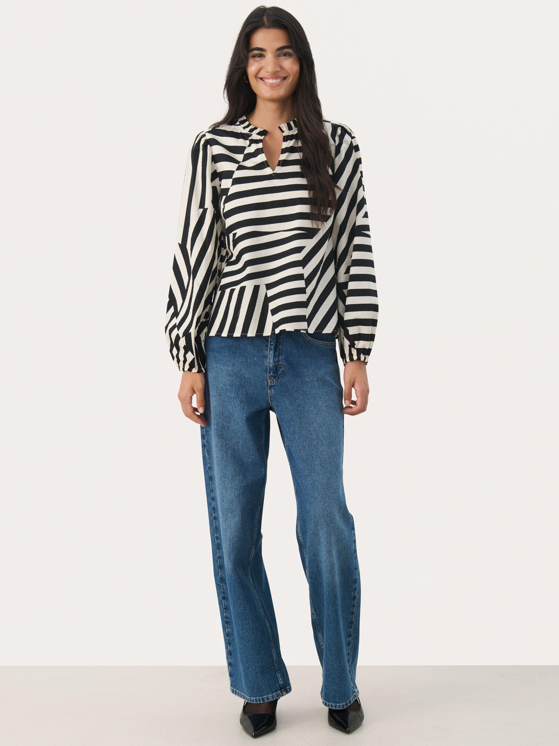 Product image 3 of 6, which shows Part Two Eimy Geometric Stripe Blouse, Black/White, 8