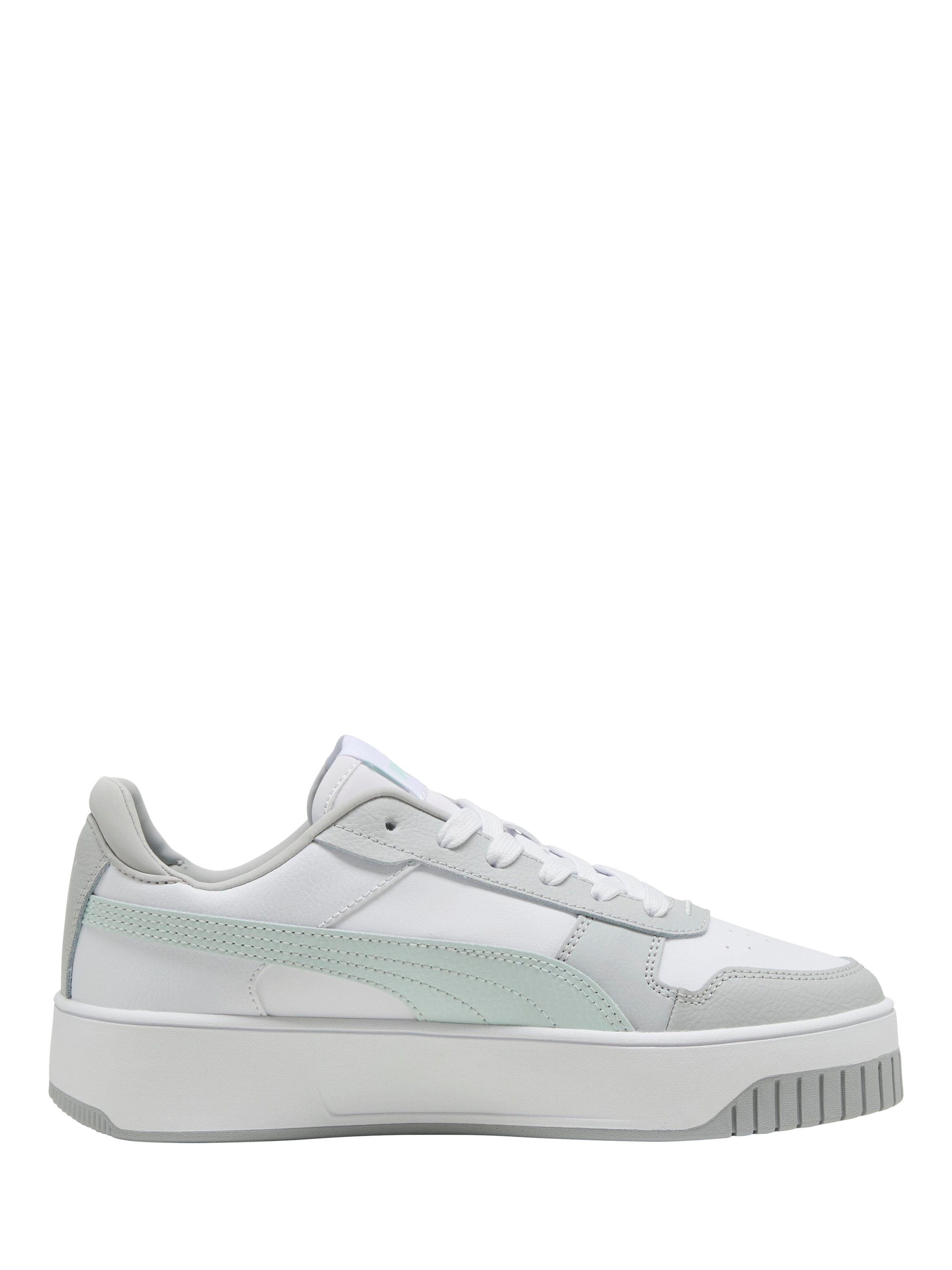 Product image 1 of 6, which shows PUMA Carina Street Leather Platform Trainers, White/Multi, 4