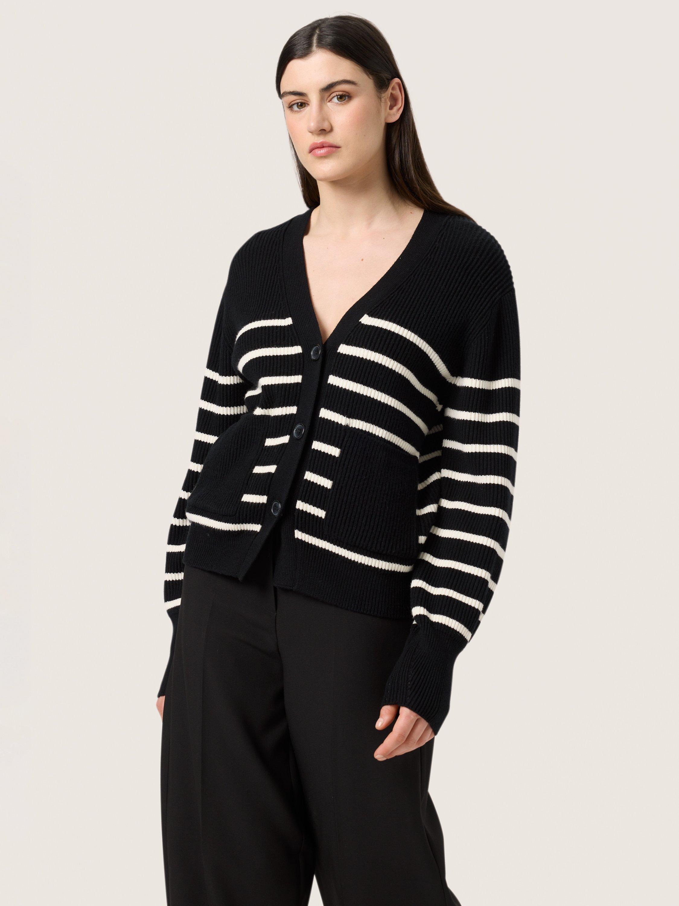 Product image 1 of 6, which shows Soaked In Luxury Spina Stripe Cardigan, Black/White, XS