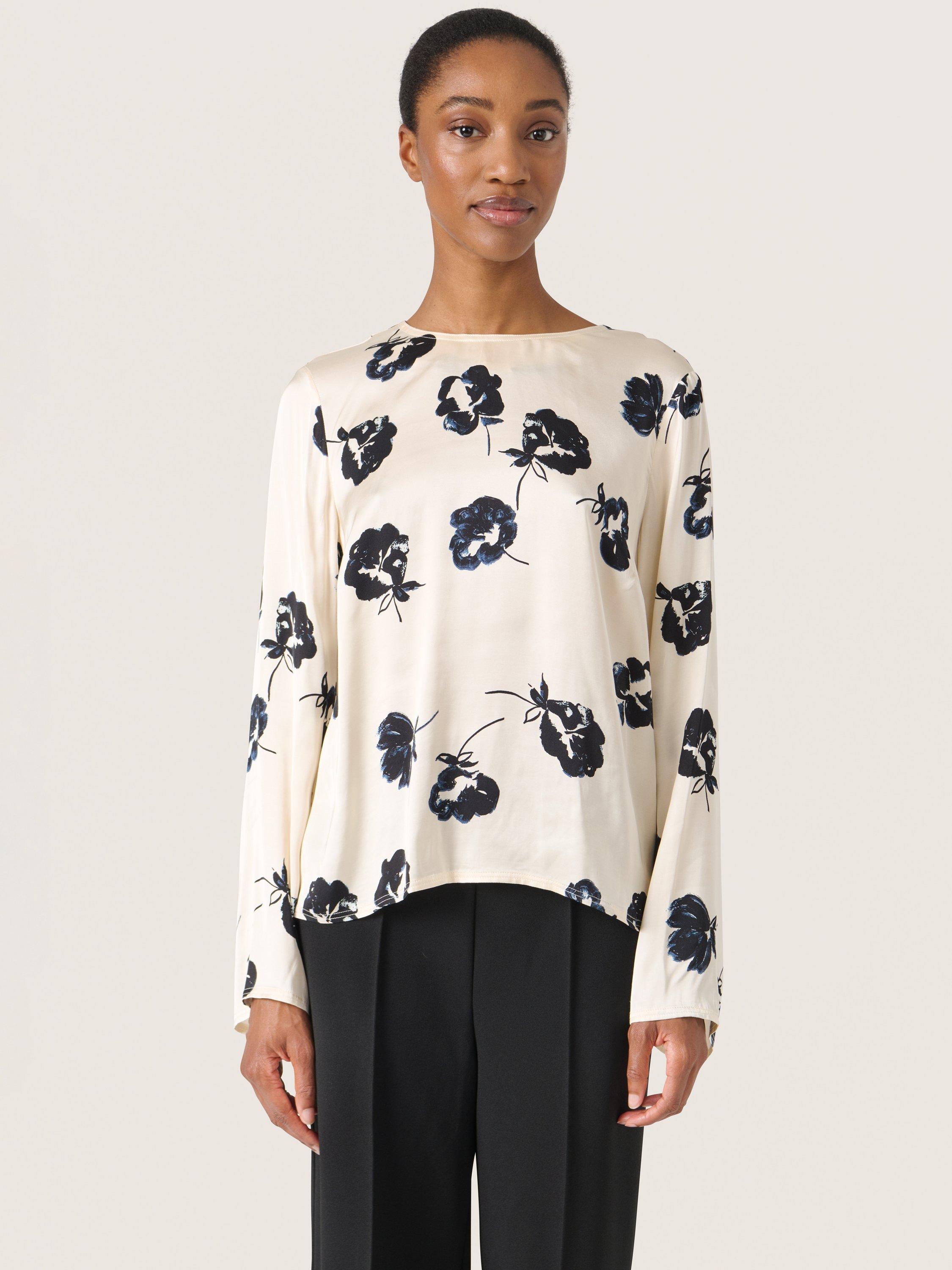 Product image 1 of 6, which shows Soaked In Luxury Erwina Floral Satin Blouse, Black/White, XS