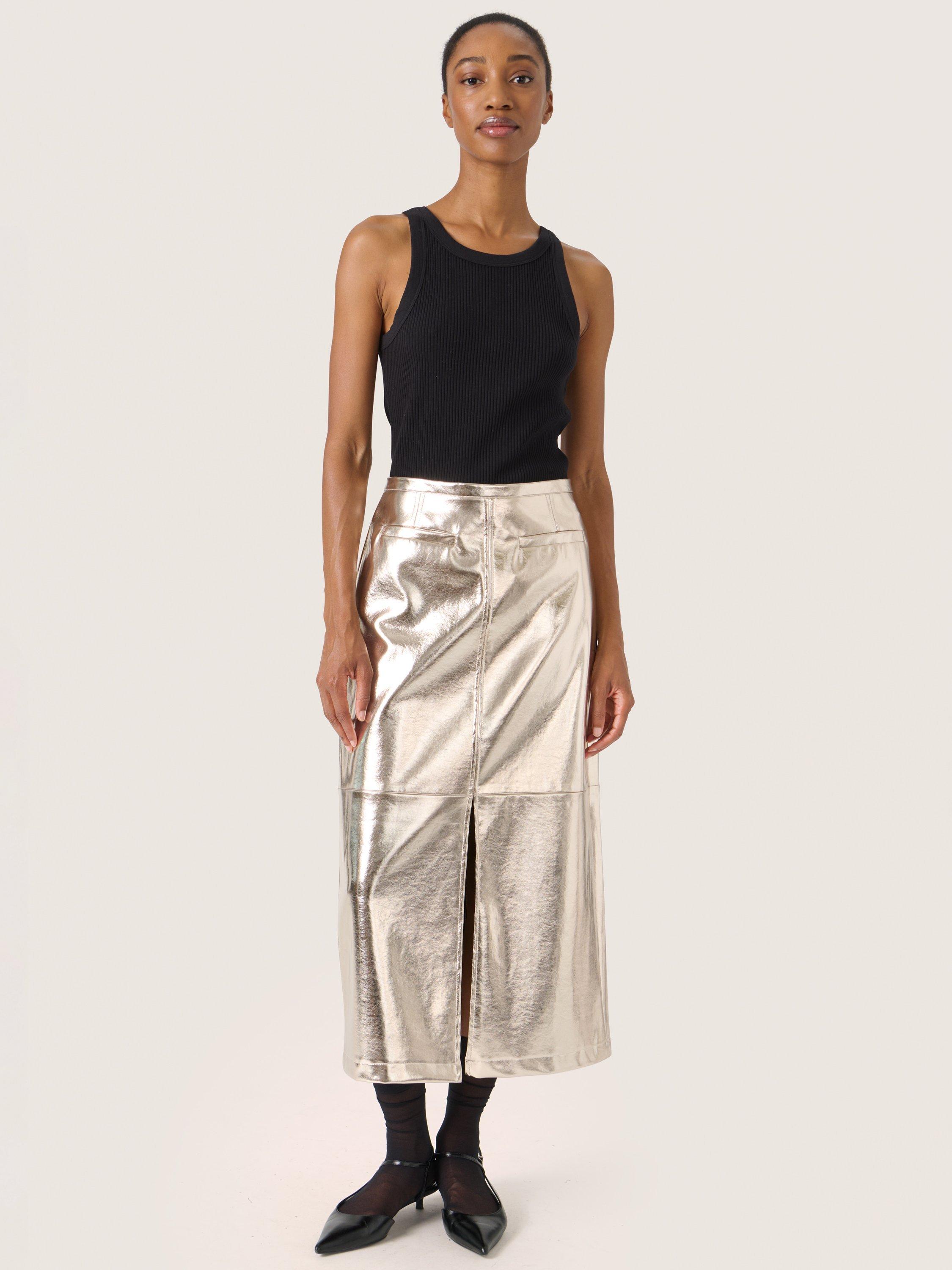 Product image 3 of 6, which shows Soaked In Luxury Danila Metallic Midi Skirt, Gold, S