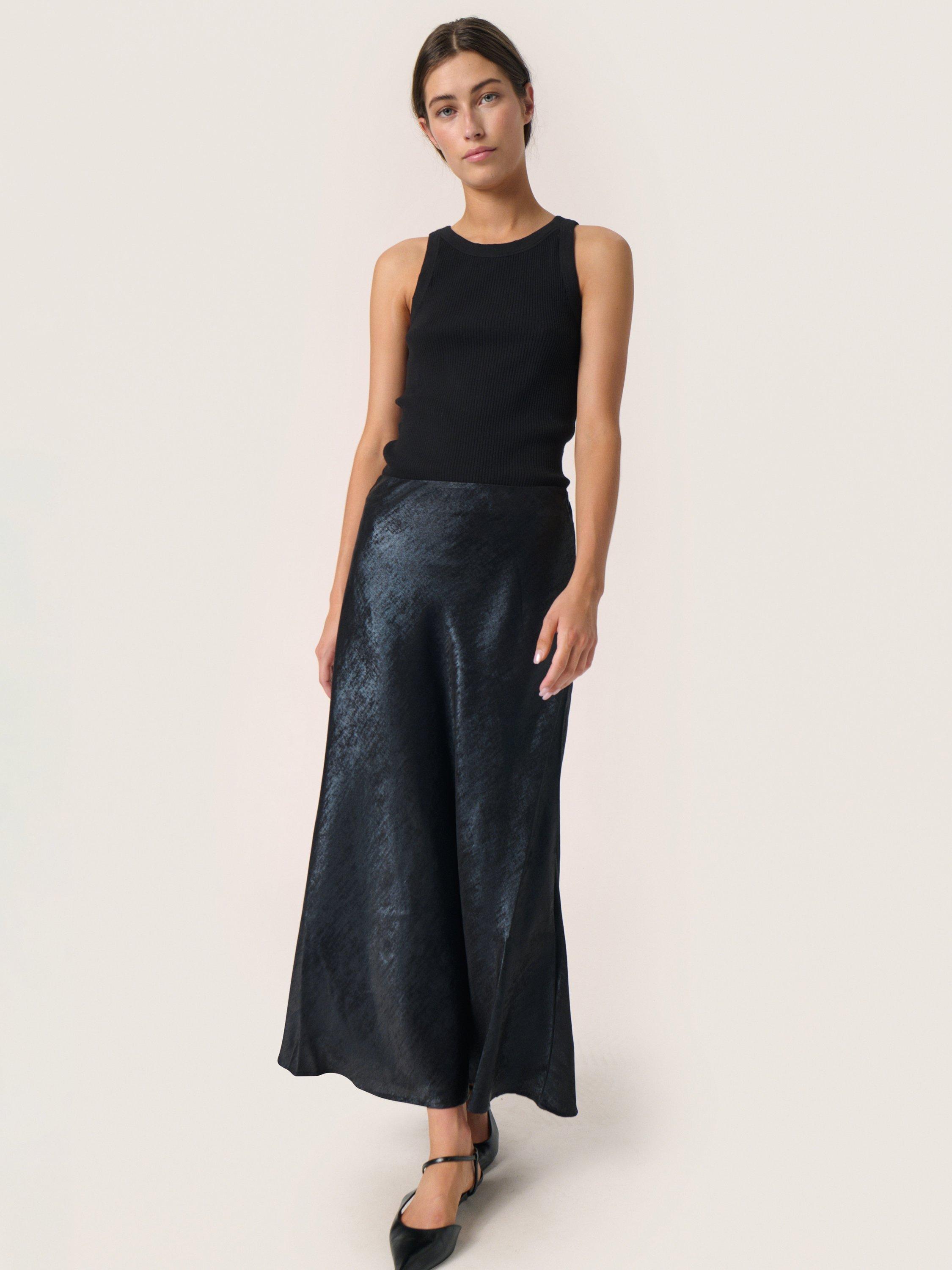 Product image 3 of 6, which shows Soaked In Luxury Elvie Anna Metallic Bias Cut Maxi Skirt, Black, M
