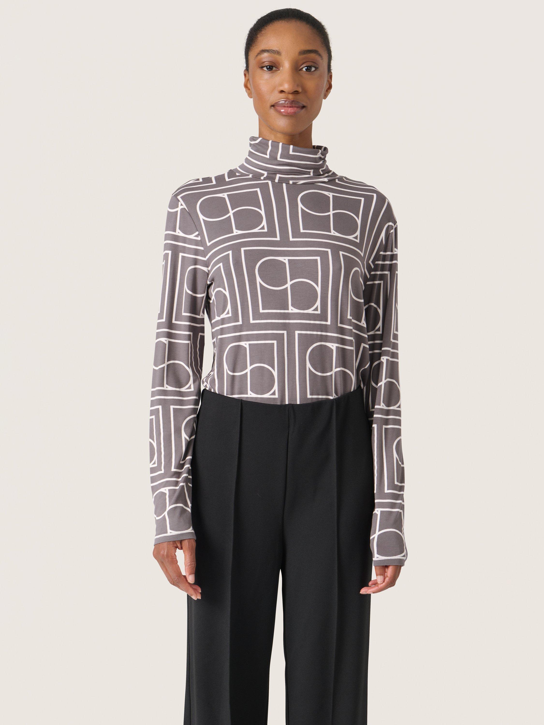 Product image 1 of 6, which shows Soaked In Luxury Hanadi Print Roll Neck Top, Dark Grey/White, XS