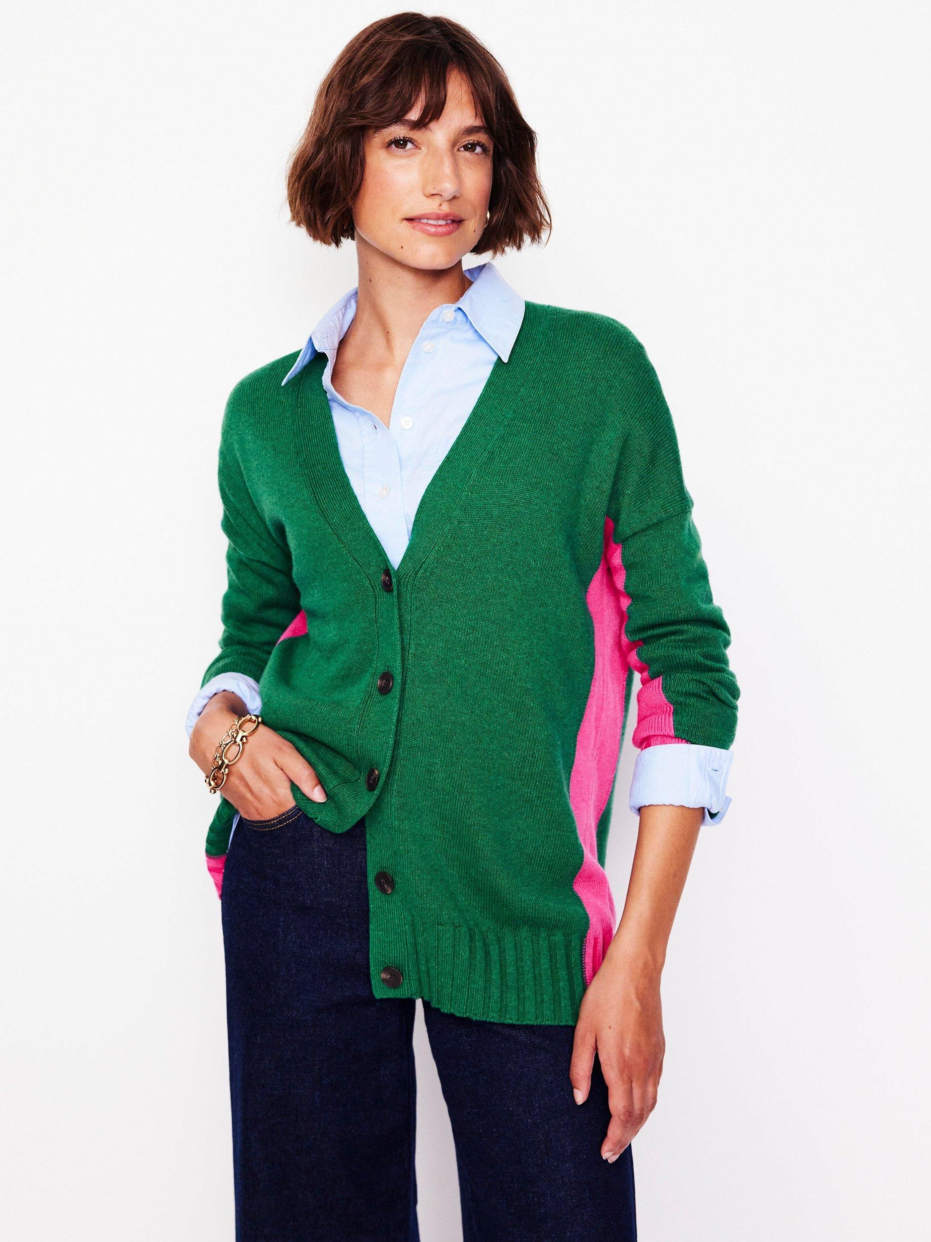 Boden Zia Longline Cardigan, Green/Pink