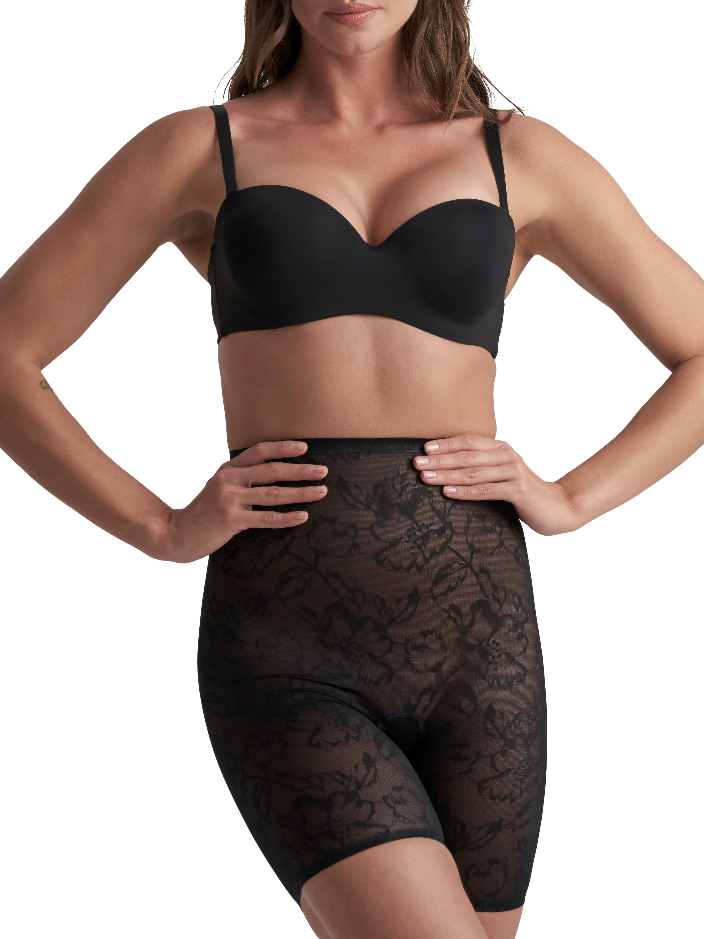 Product image 1 of 6, which shows Bye Bra Lacey High Waist Shaping Shorts, Black, S
