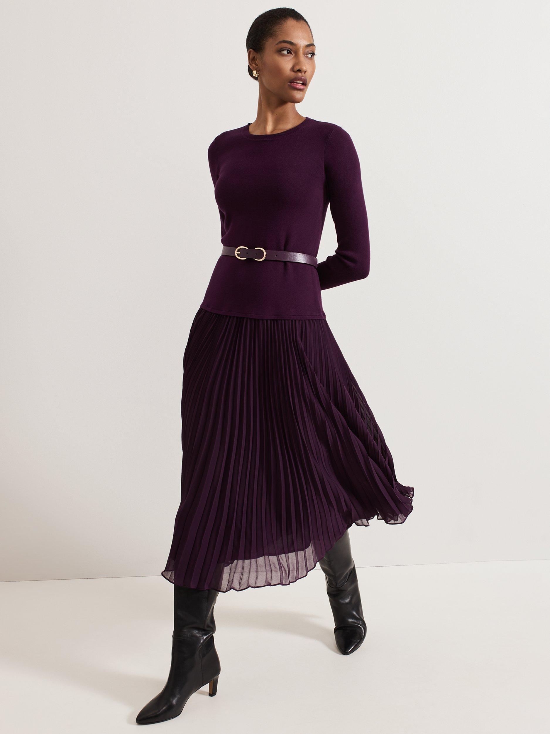 Phase Eight Kai Knitted Jumper Pleated Midi Dress Burgundy