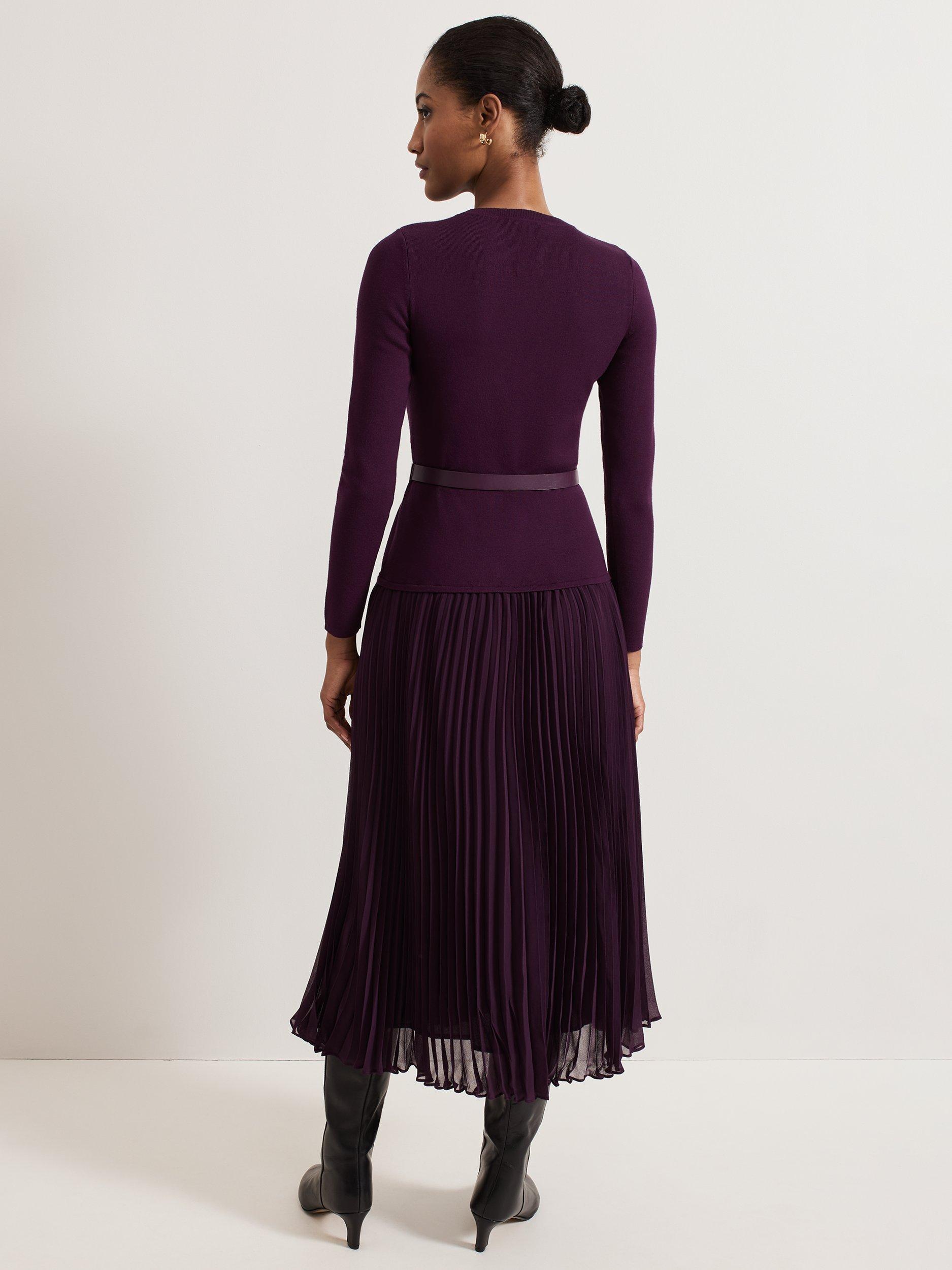 Product image 2 of 8, which shows Phase Eight Kai Knitted Jumper Pleated Midi Dress, Burgundy, 12