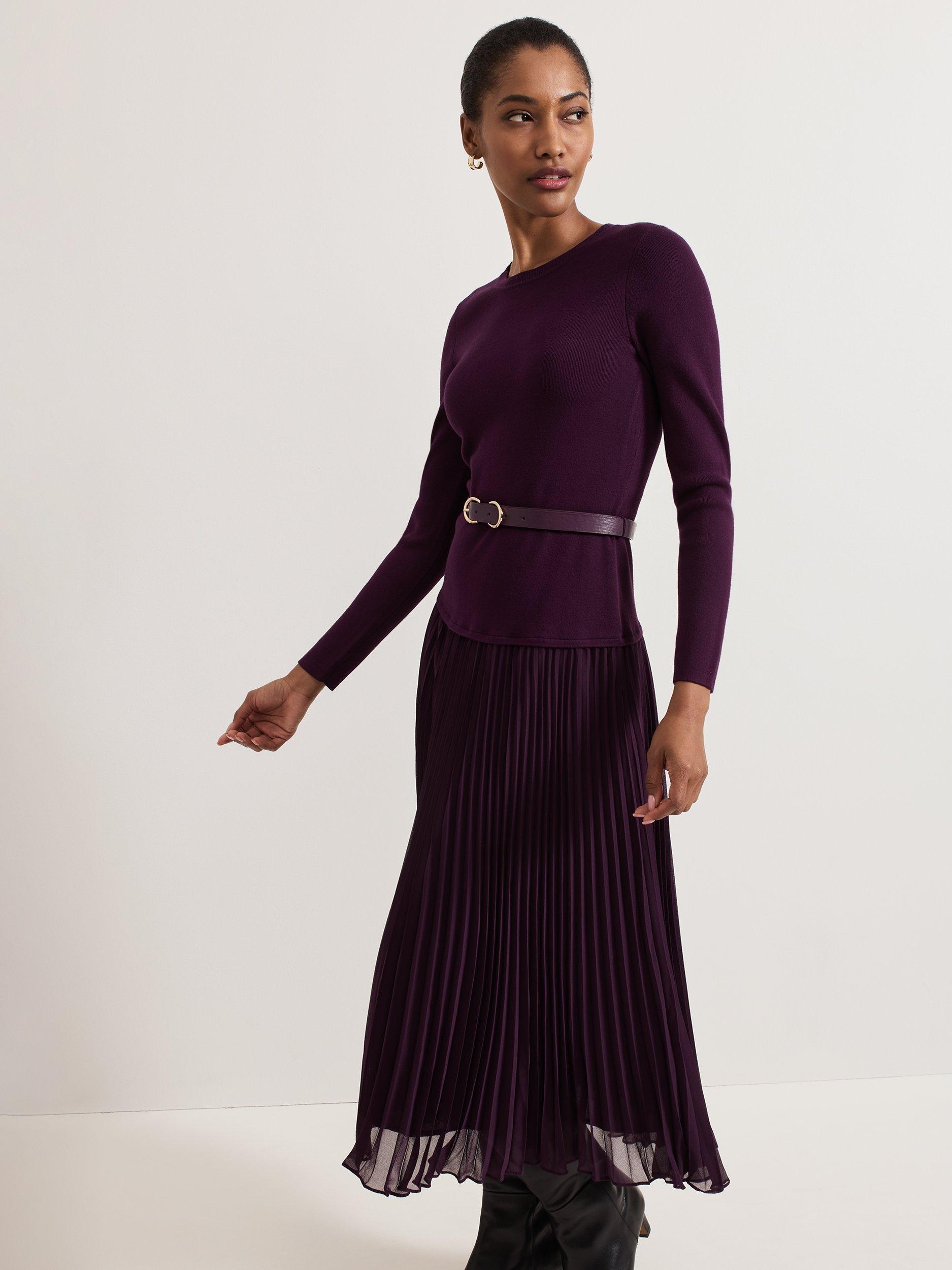 Product image 3 of 8, which shows Phase Eight Kai Knitted Jumper Pleated Midi Dress, Burgundy, 12