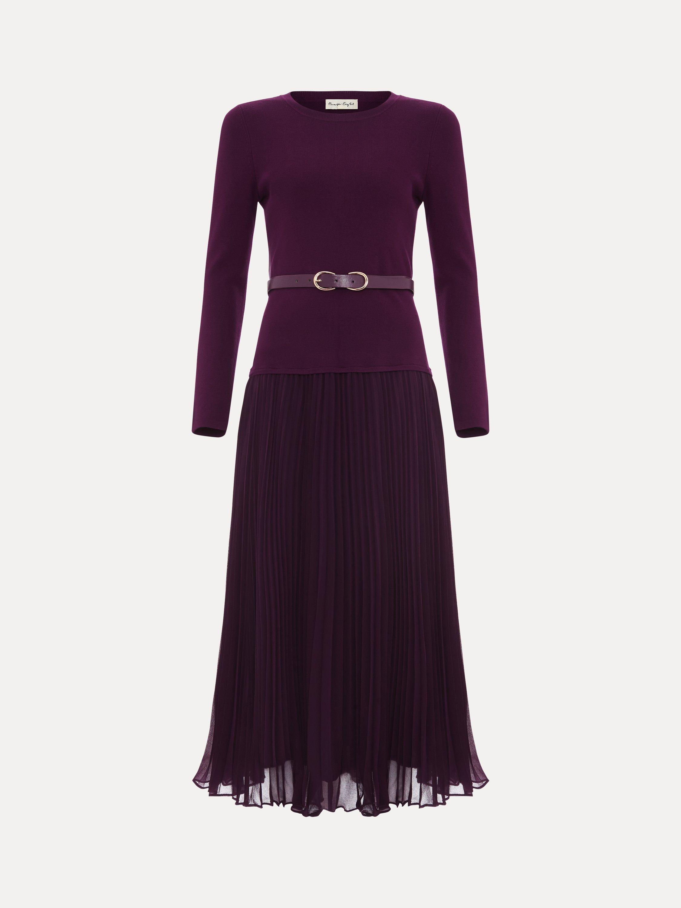 Product image 5 of 8, which shows Phase Eight Kai Knitted Jumper Pleated Midi Dress, Burgundy, 12