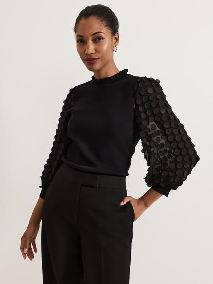 Phase Eight Shelly Polka Dot Sheer Puff Sleeve Top, Black, Black