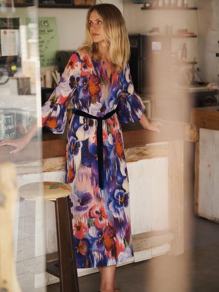 NRBY Cecily Pansy Print Silk Dress, Multi, Multi