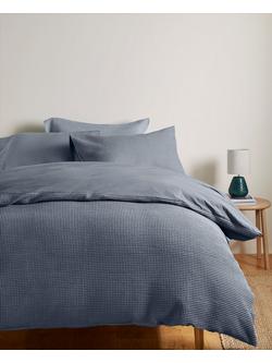John Lewis Aurelia Pure Cotton Waffle Duvet Cover Set - view 2, Mid Blue