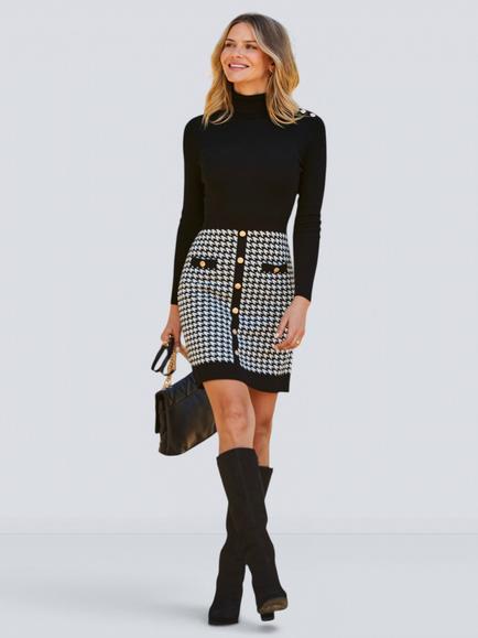 Sosandar Dogtooth Knitted Shift Dress, Black/White, Black/White