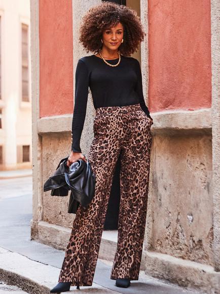 Sosandar Leopard Print Wide Leg Trousers, Brown, Brown
