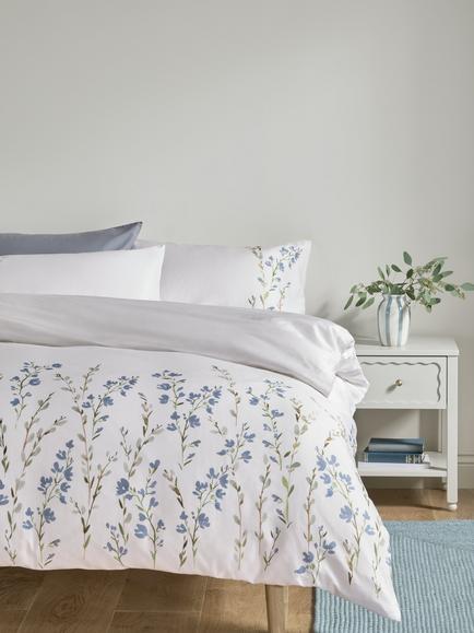 John Lewis Jasmine Border Pure Cotton Sateen Duvet Cover Set, 200 Thread Count - view 2, Blue