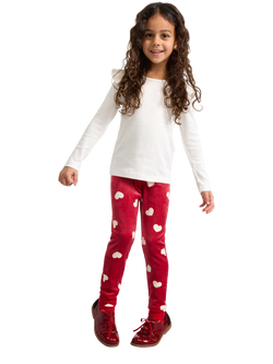 Lindex Kids' Velour Heart Print Leggings, Dark Dusty Red, Dark Dusty Red
