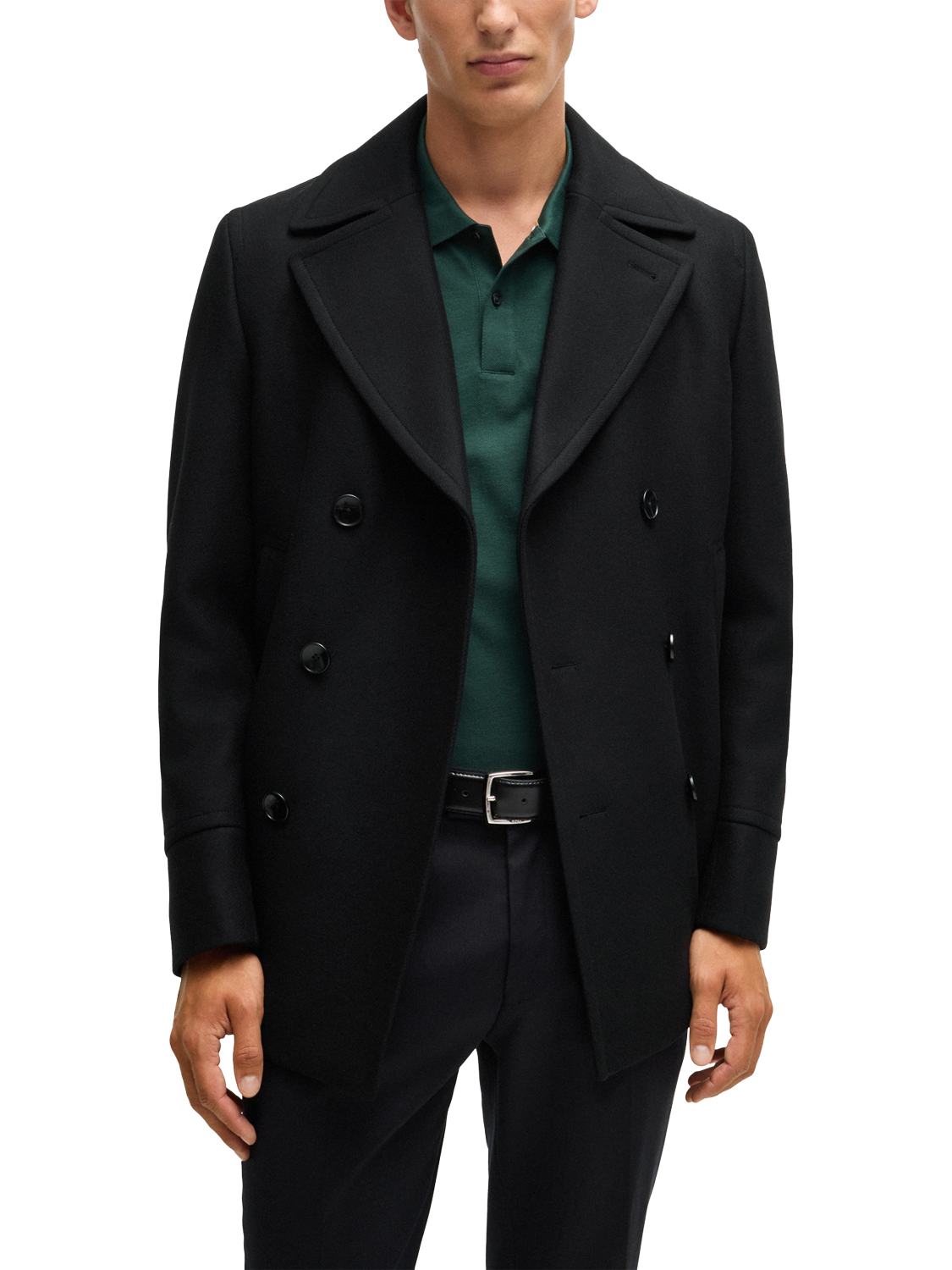 BOSS Wool Cashmere Blend Slim Fit Double Breasted Overcoat Black