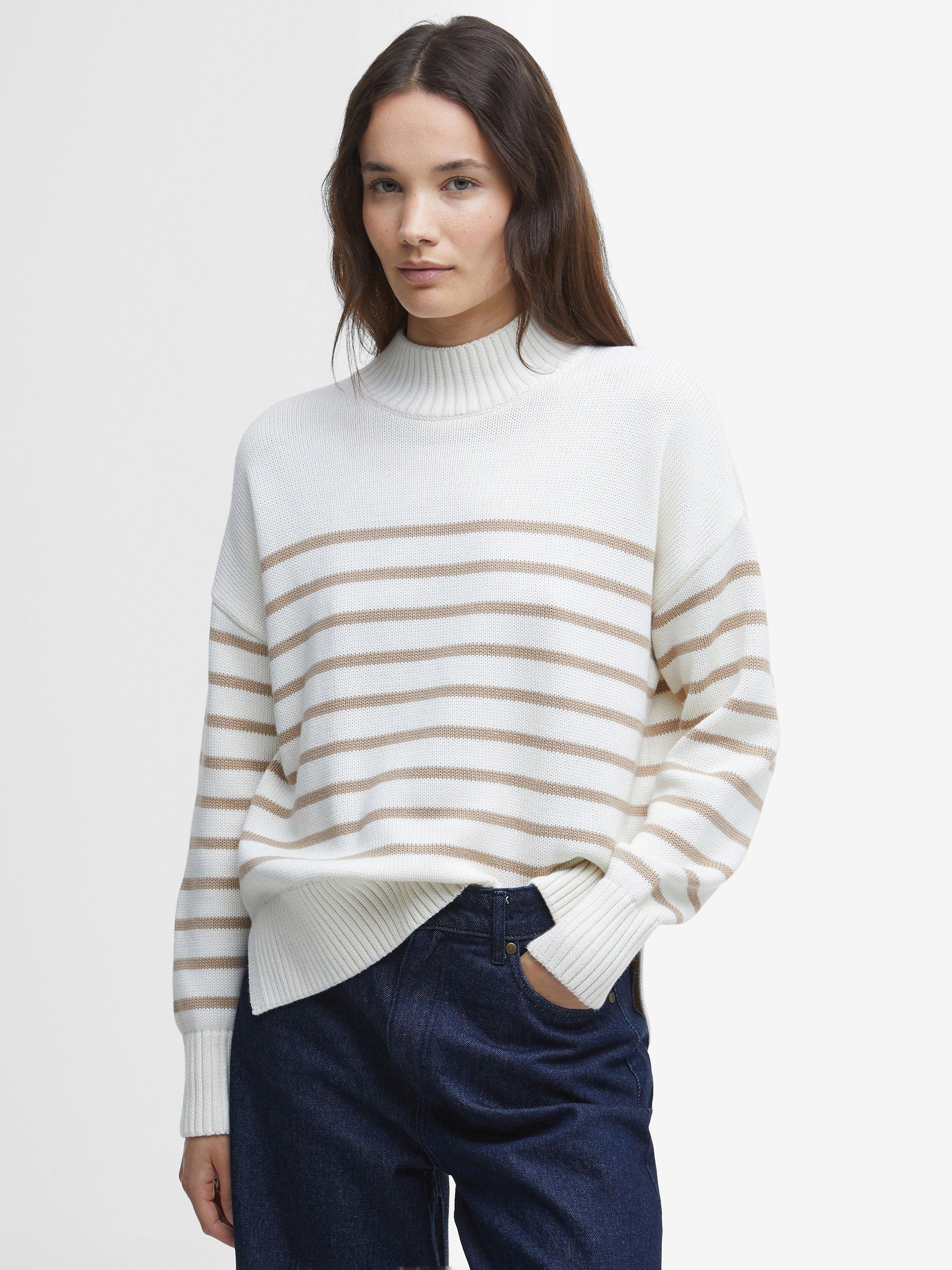 Barbour Shelby Stripe Roll Neck Jumper, Cloud/Camel